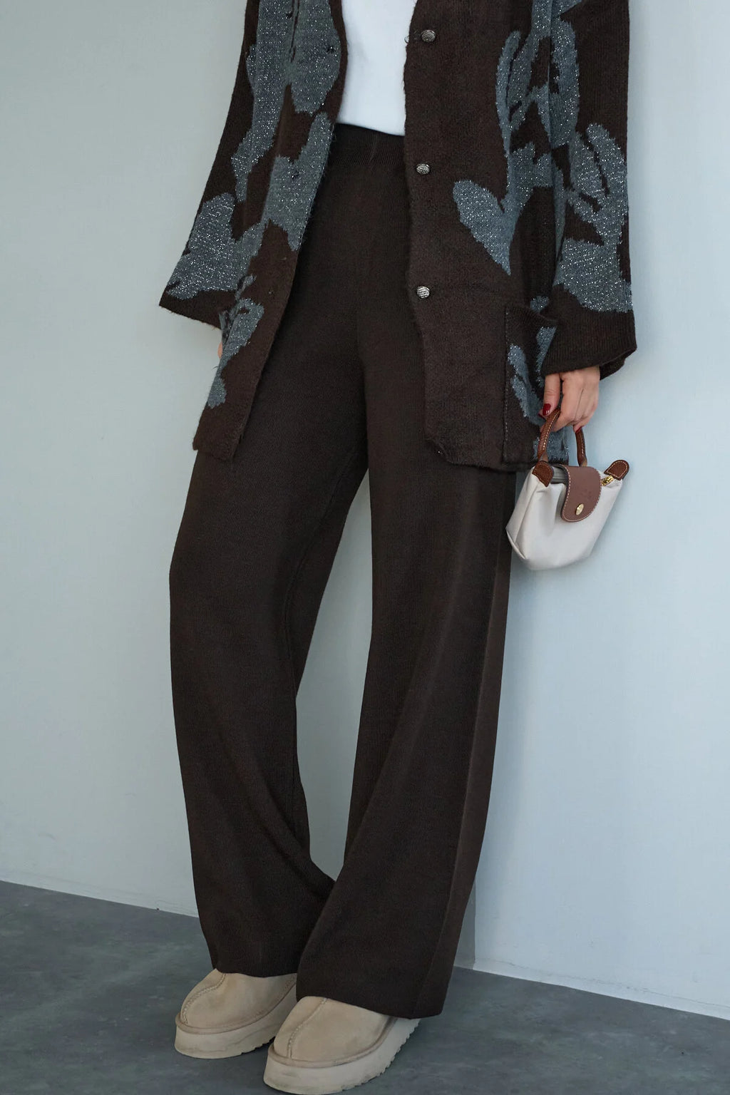 Kadın Yüksek Bel Lastik Detaylı Geniş Paça Triko Pantolon