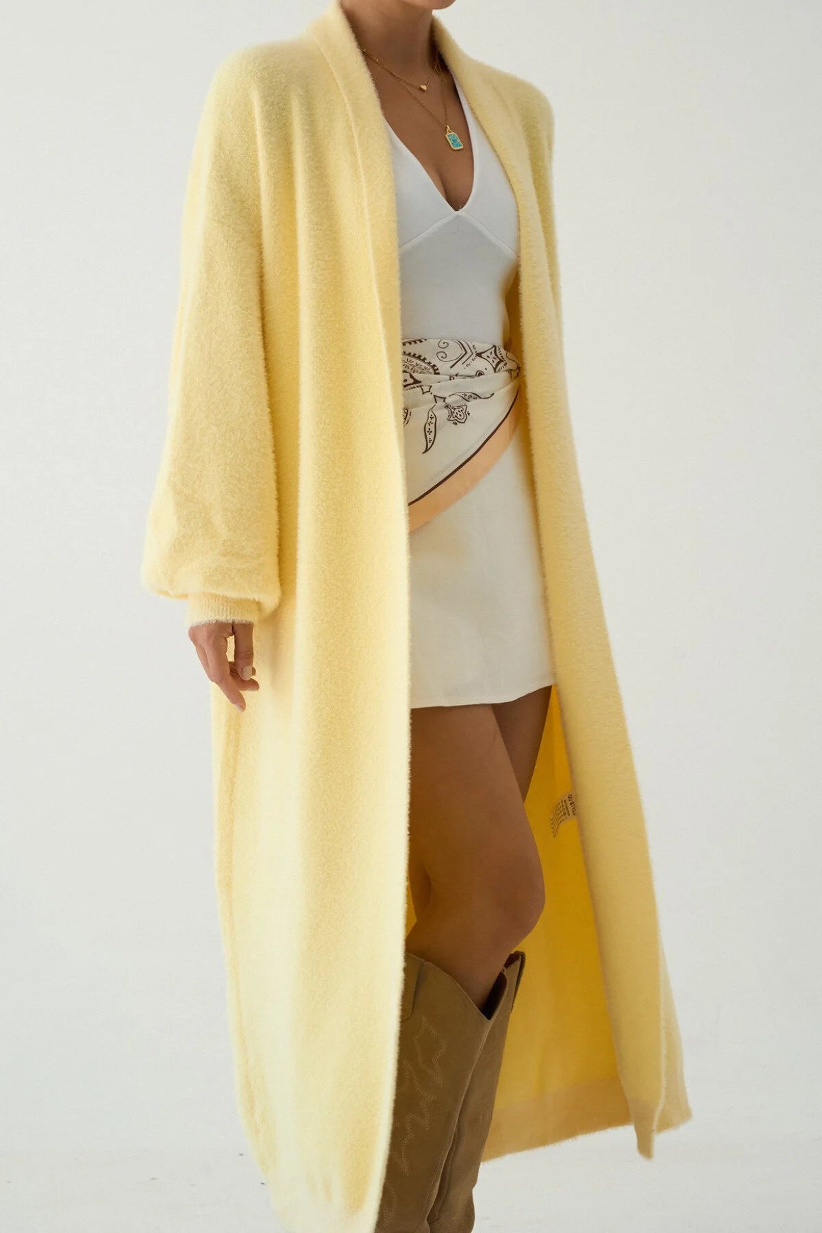 Kadın Şal Yaka Dokulu Balon Kol Uzun Salaş Hırka