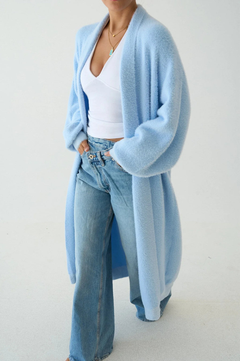 Kadın Şal Yaka Dokulu Balon Kol Uzun Salaş Hırka