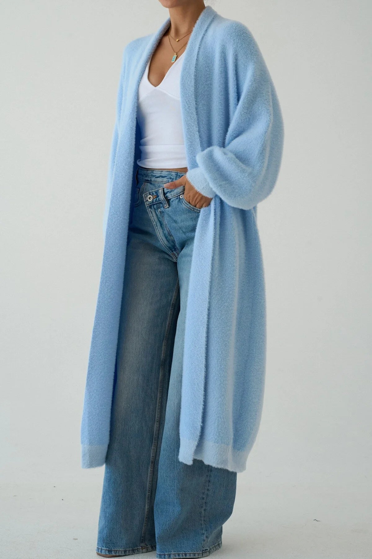 Kadın Şal Yaka Dokulu Balon Kol Uzun Salaş Hırka