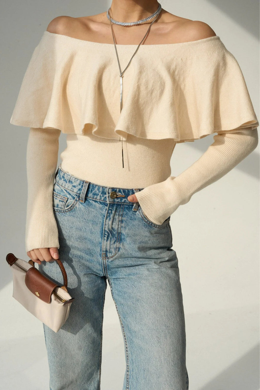 Kadın Farbalalı Omuzları Açık Kazak