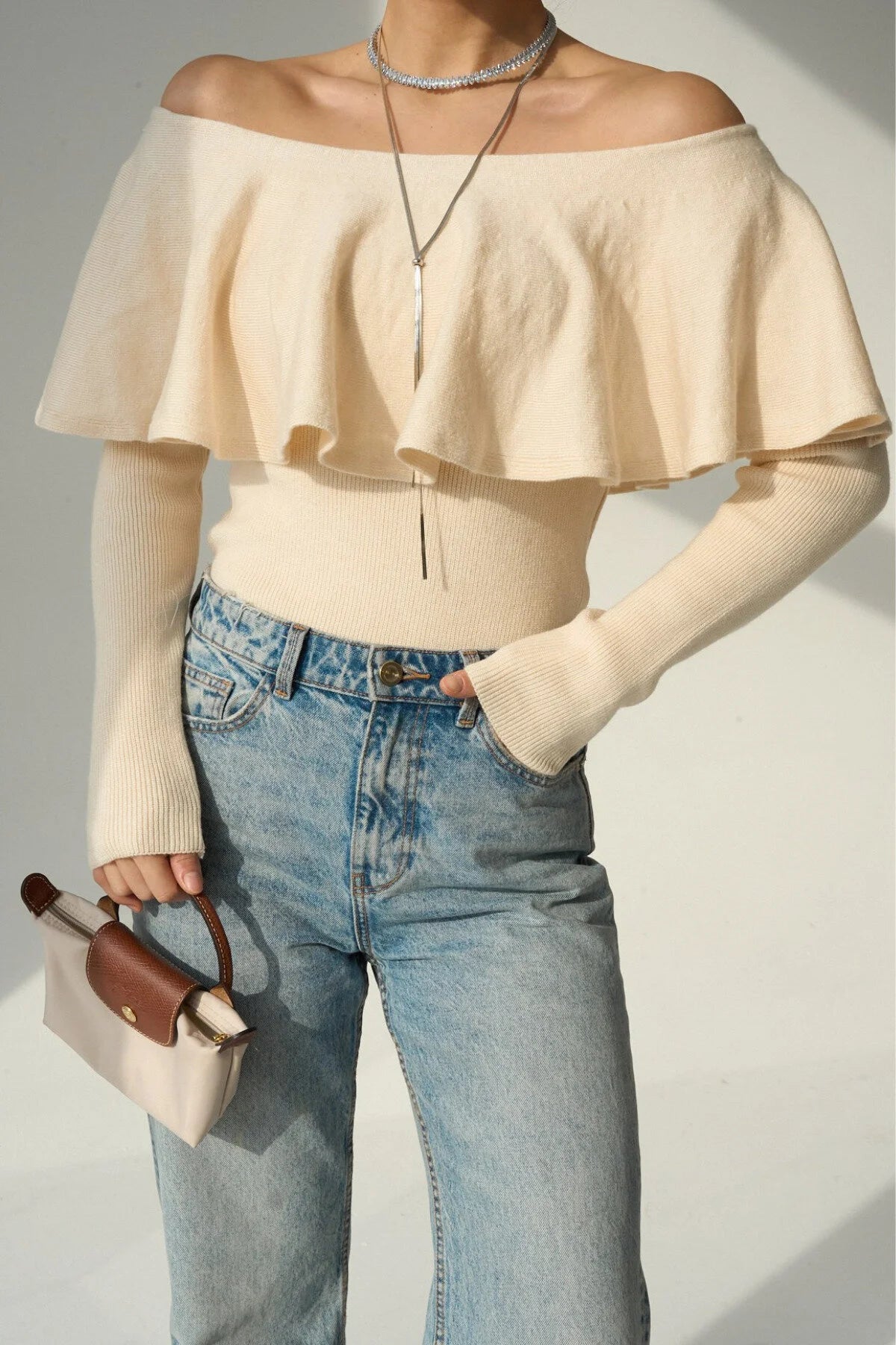 Kadın Farbalalı Omuzları Açık Kazak