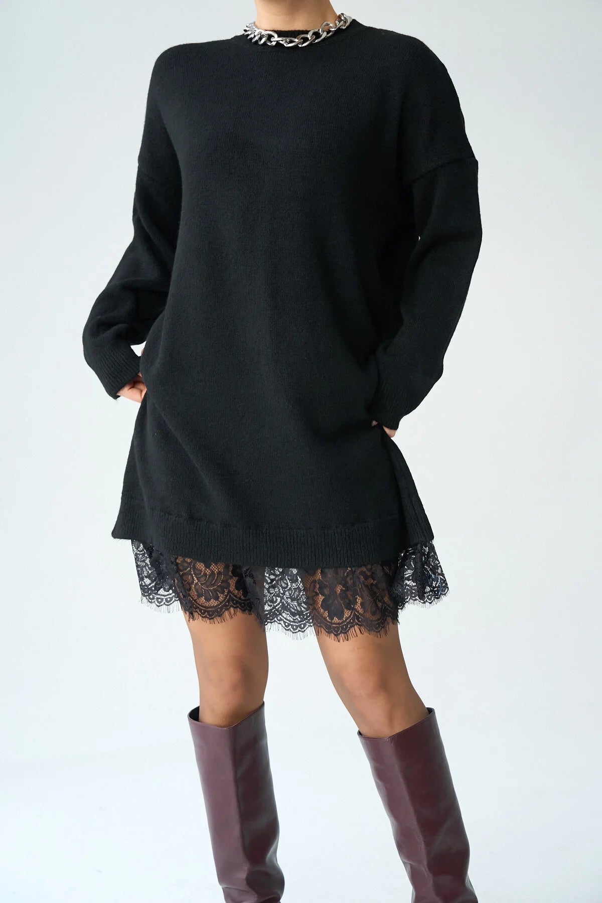 Kadın Bisiklet Yaka Ucu Dantelli Elbise