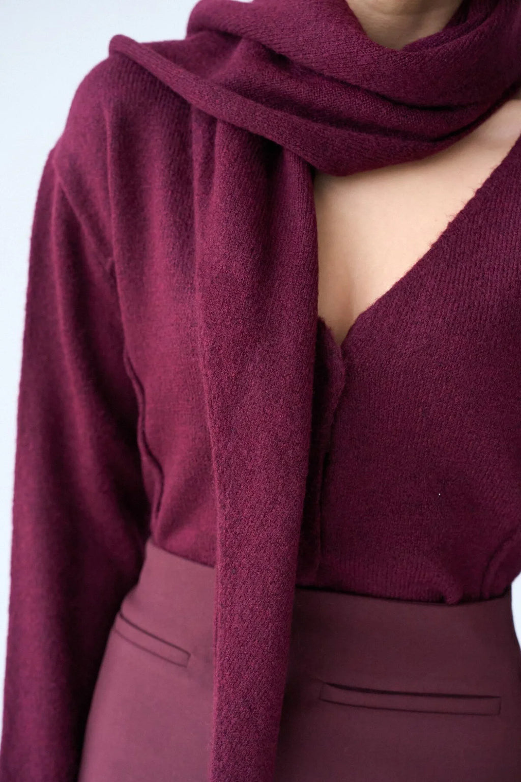 Kadın V Yaka Şal Detaylı Oversize Hırka