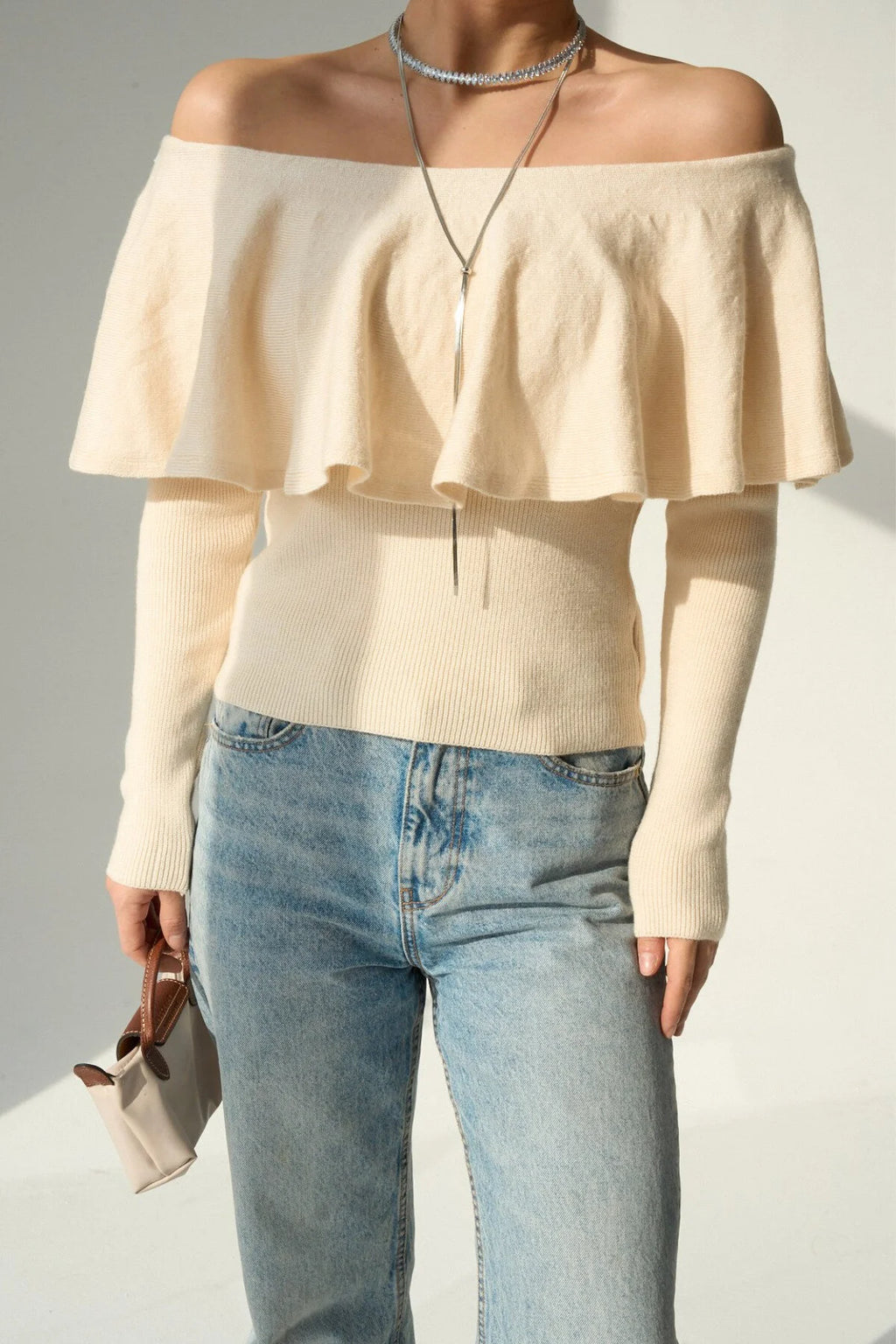 Kadın Farbalalı Omuzları Açık Kazak