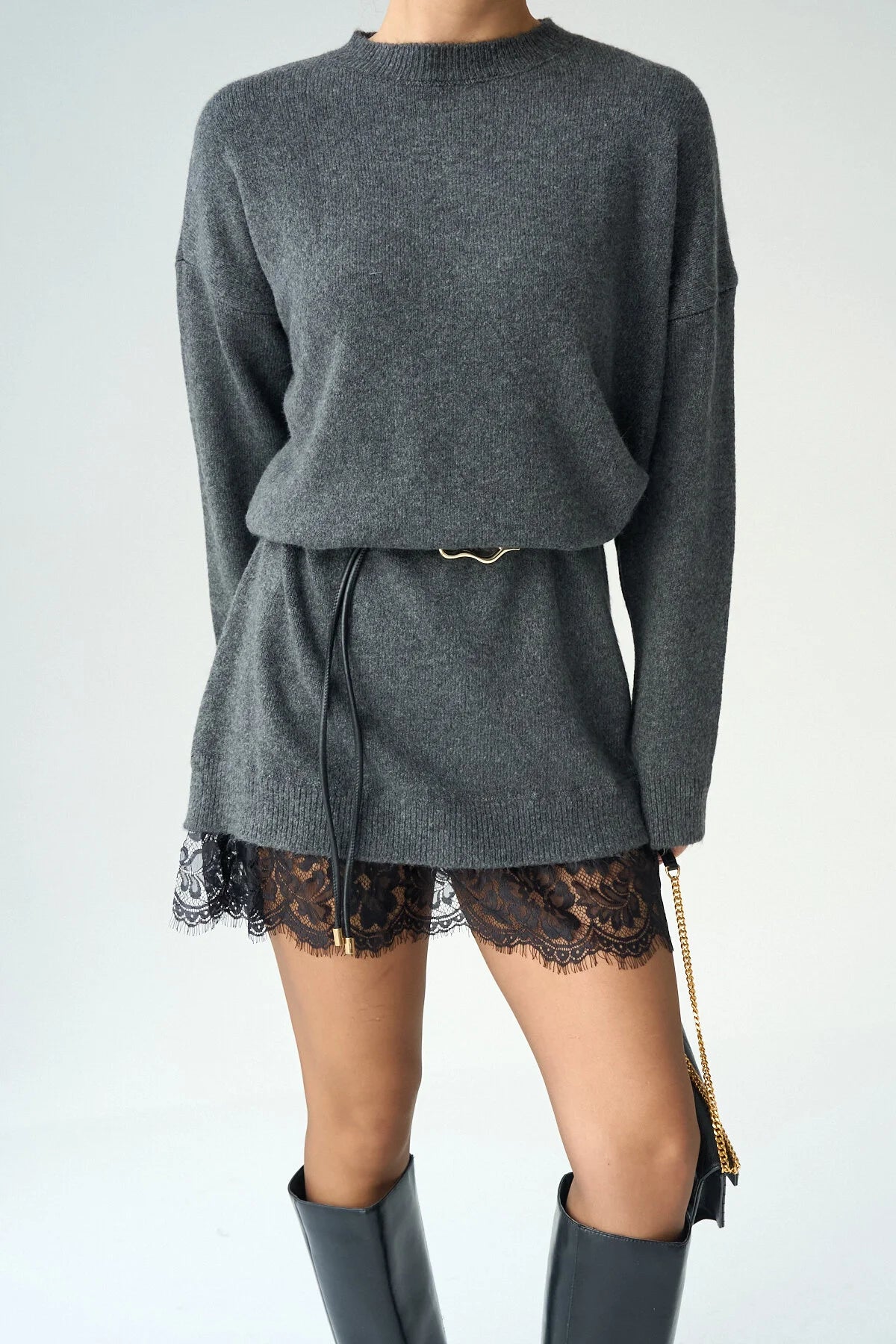 Kadın Bisiklet Yaka Ucu Dantelli Elbise