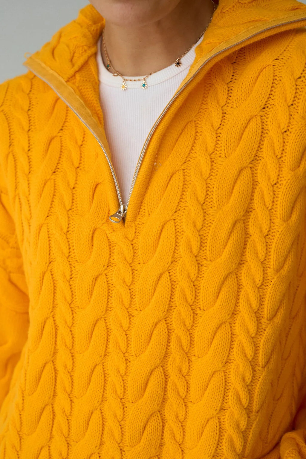 Kadın Yakası Fermuarlı Örgü Desen Oversize Kazak