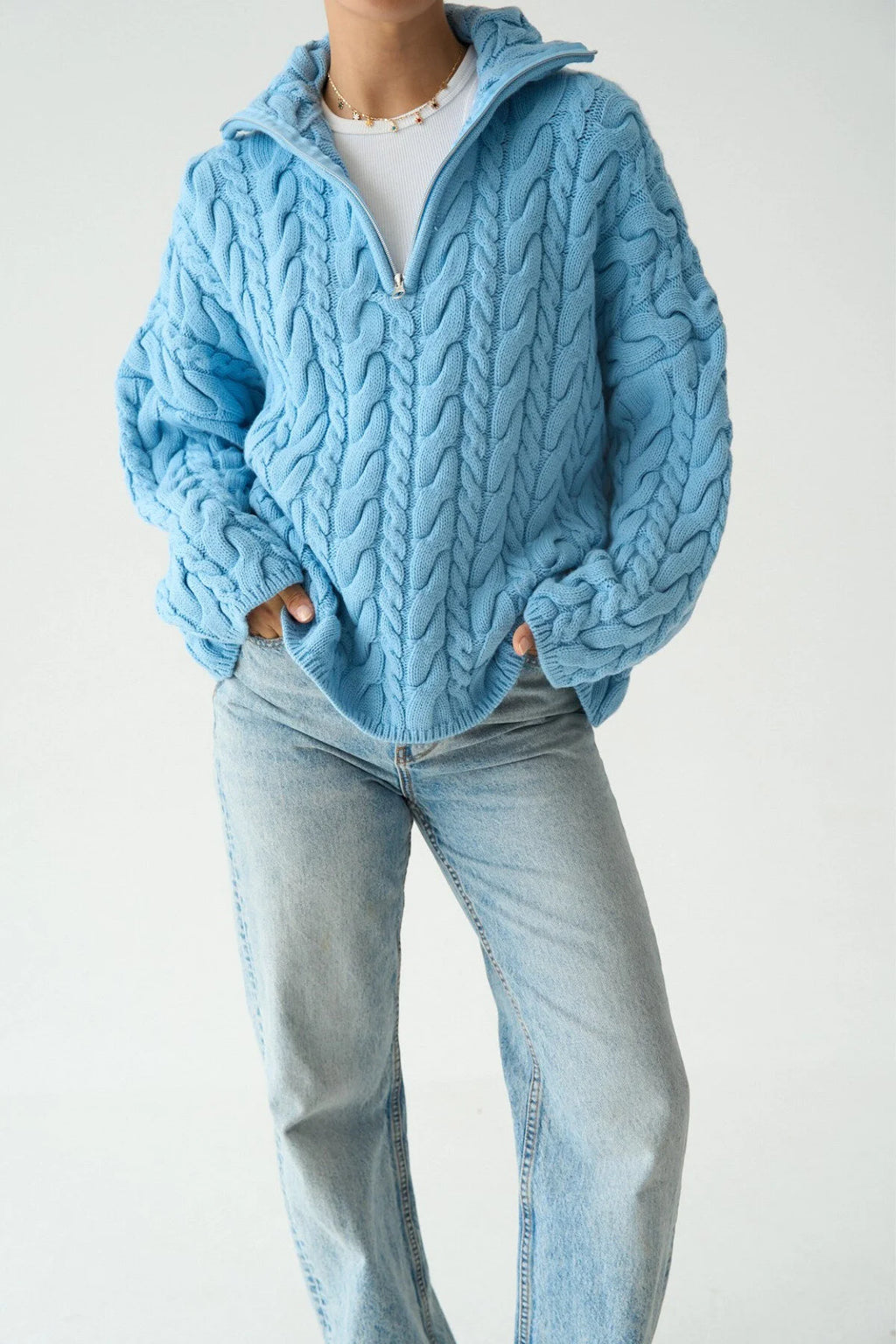 Kadın Yakası Fermuarlı Örgü Desen Oversize Kazak