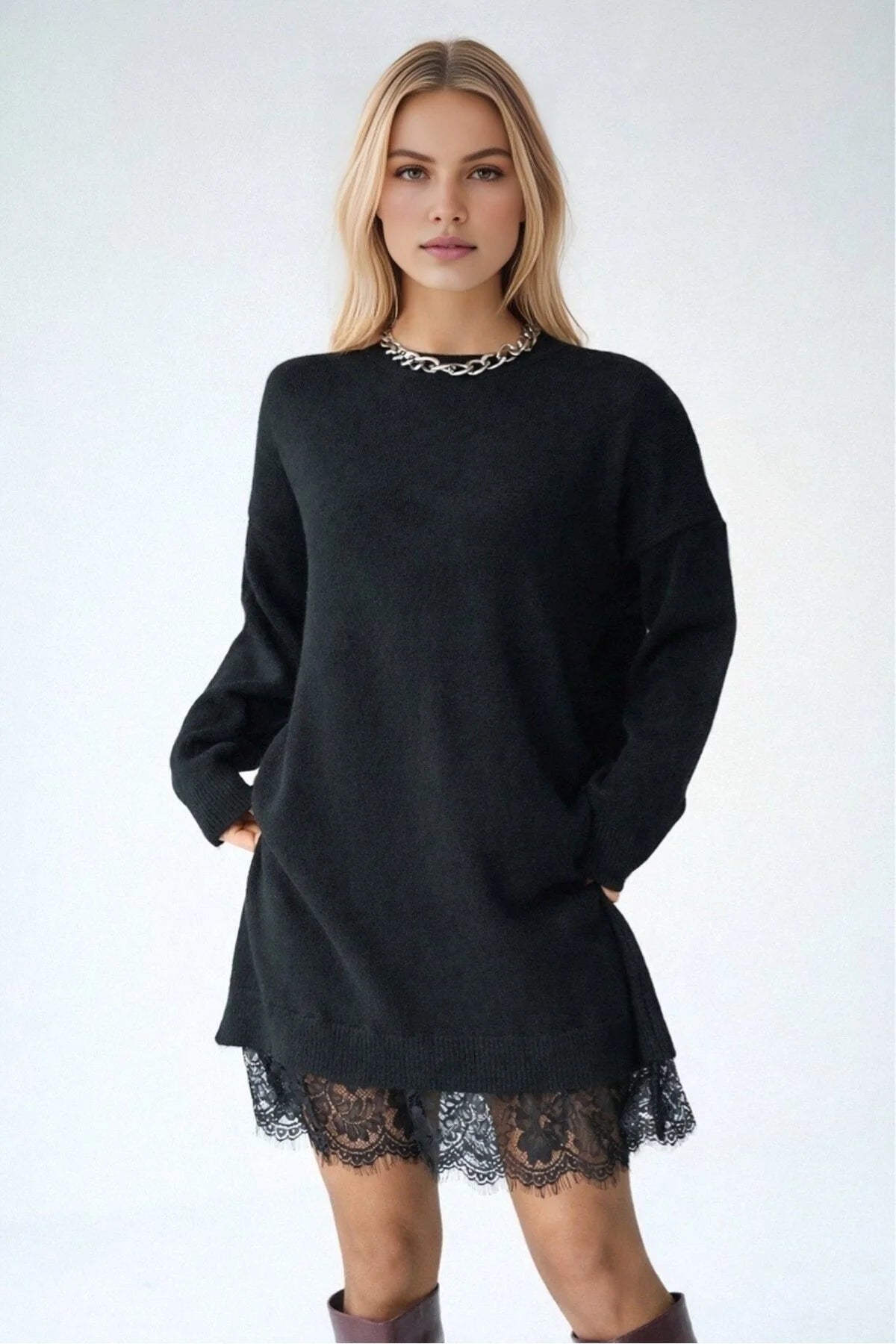 Kadın Bisiklet Yaka Ucu Dantelli Elbise