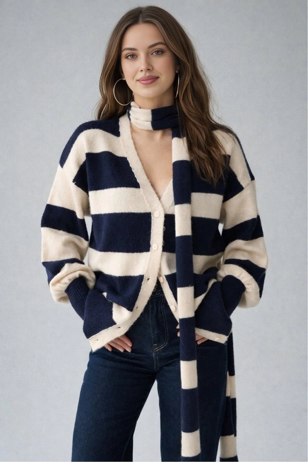 Kadın Çizgili Şal Aksesuarlı Hırka