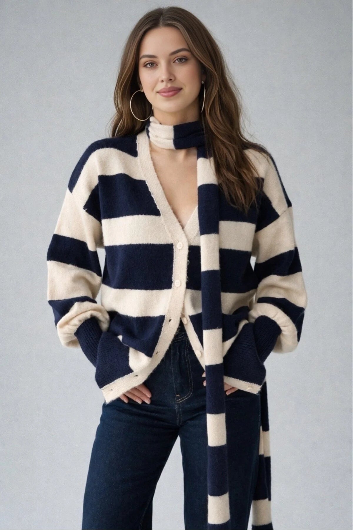 Kadın Çizgili Şal Aksesuarlı Hırka