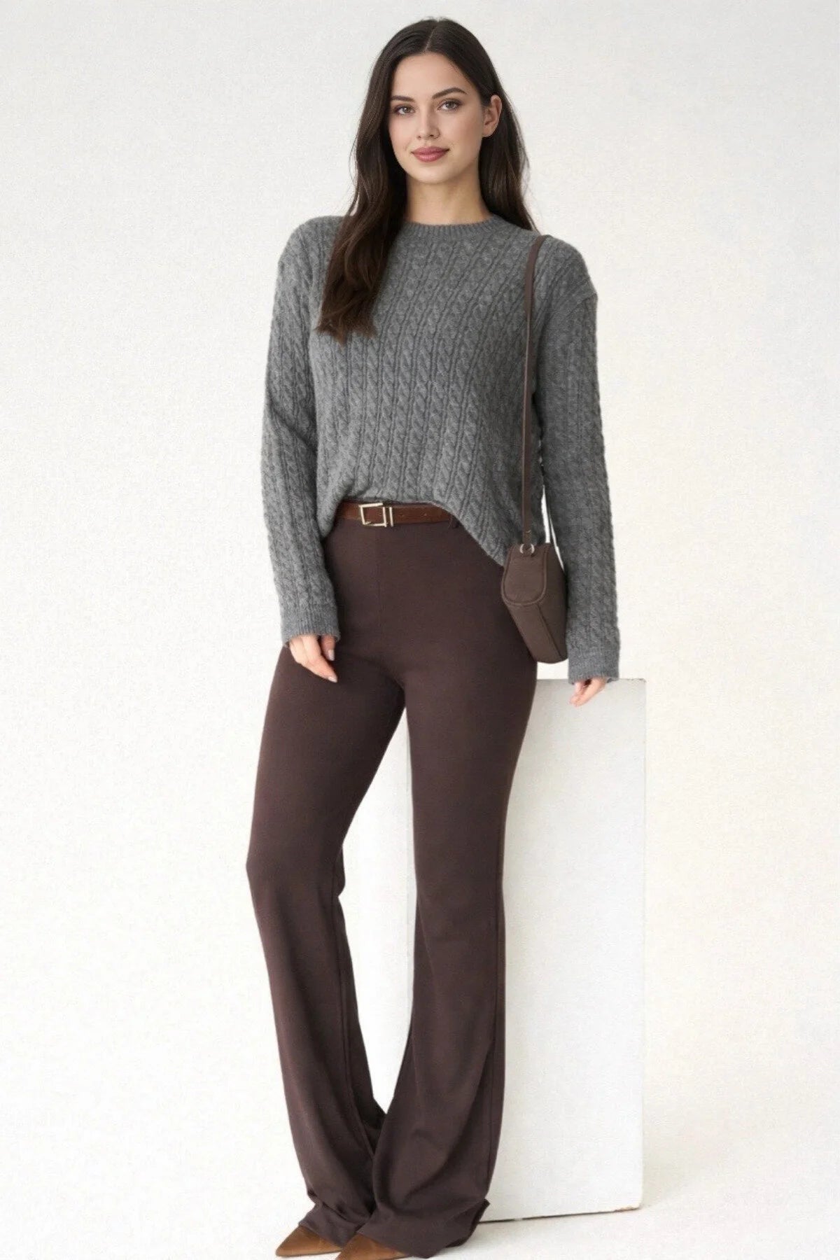 Kadın Kemer Detaylı İspanyol Paça Tayt Pantolon