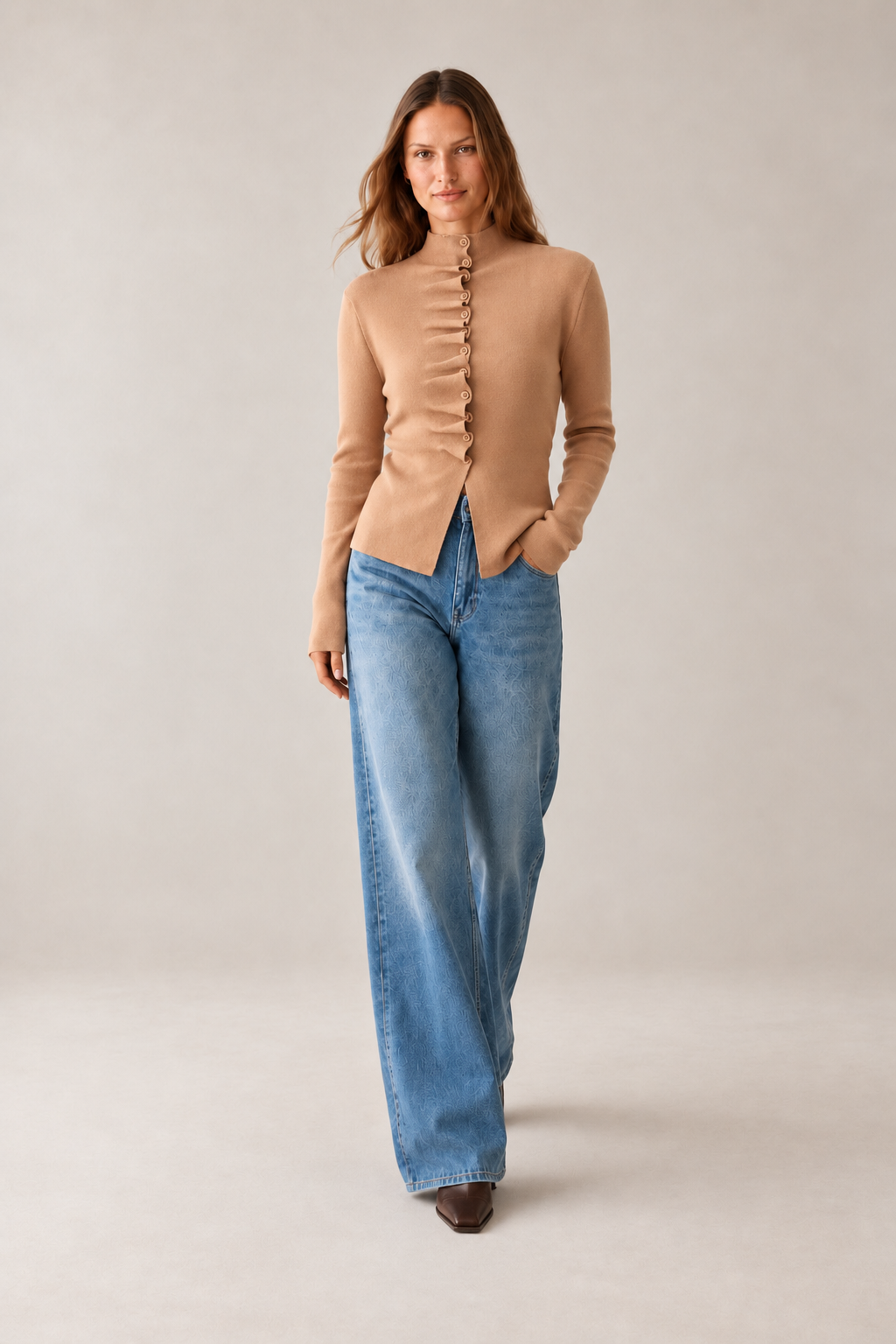 Kadın Dik Yaka Drapeli Uzun Kol Hırka
