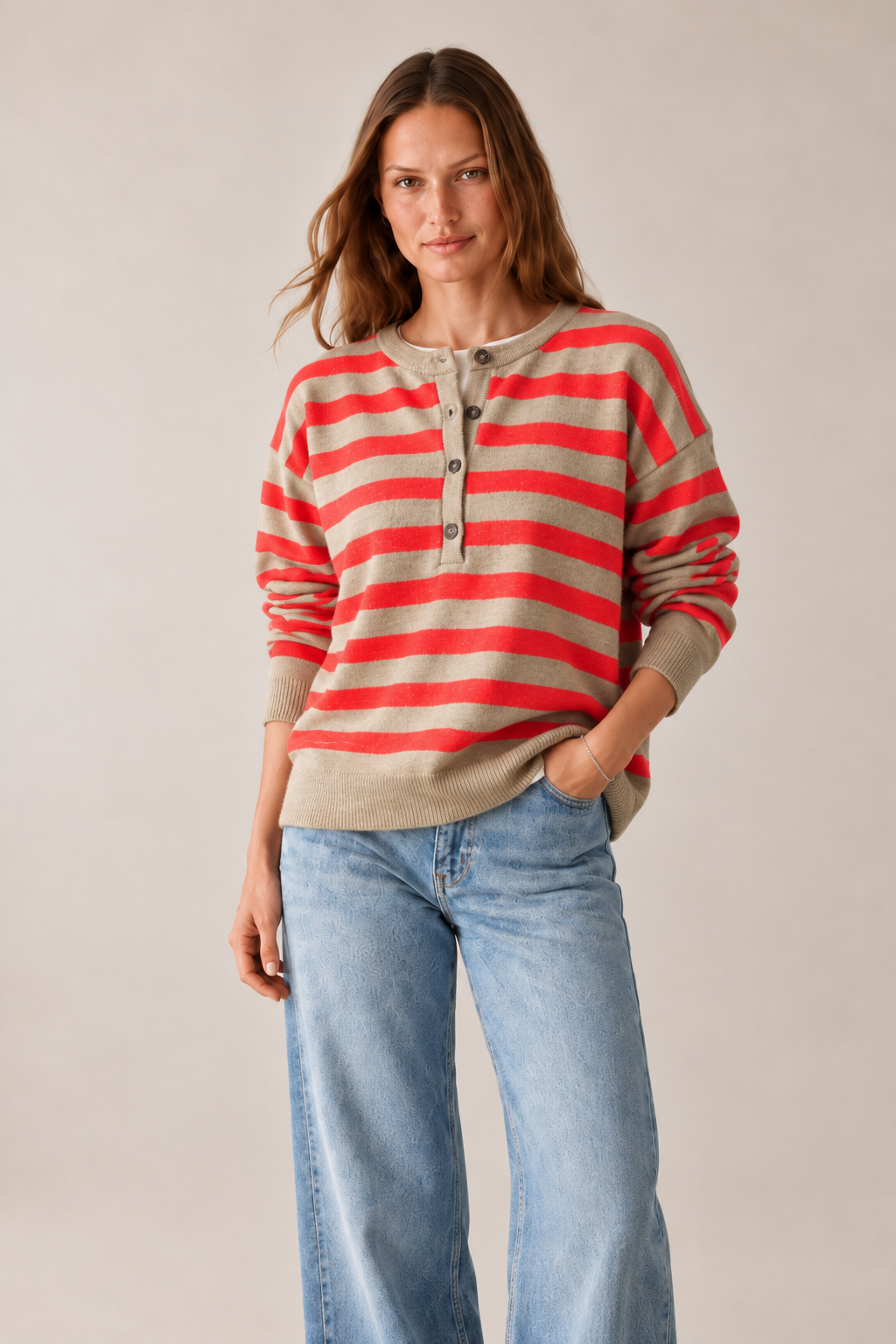 Kadın Bej Düğmeli Bisiklet Yaka Çizgili Kazak