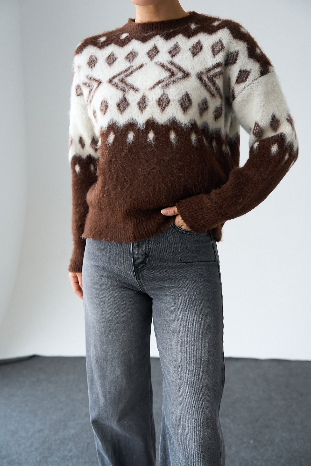 Kadın Bisiklet Yaka Desenli Şardonlu Triko Kazak