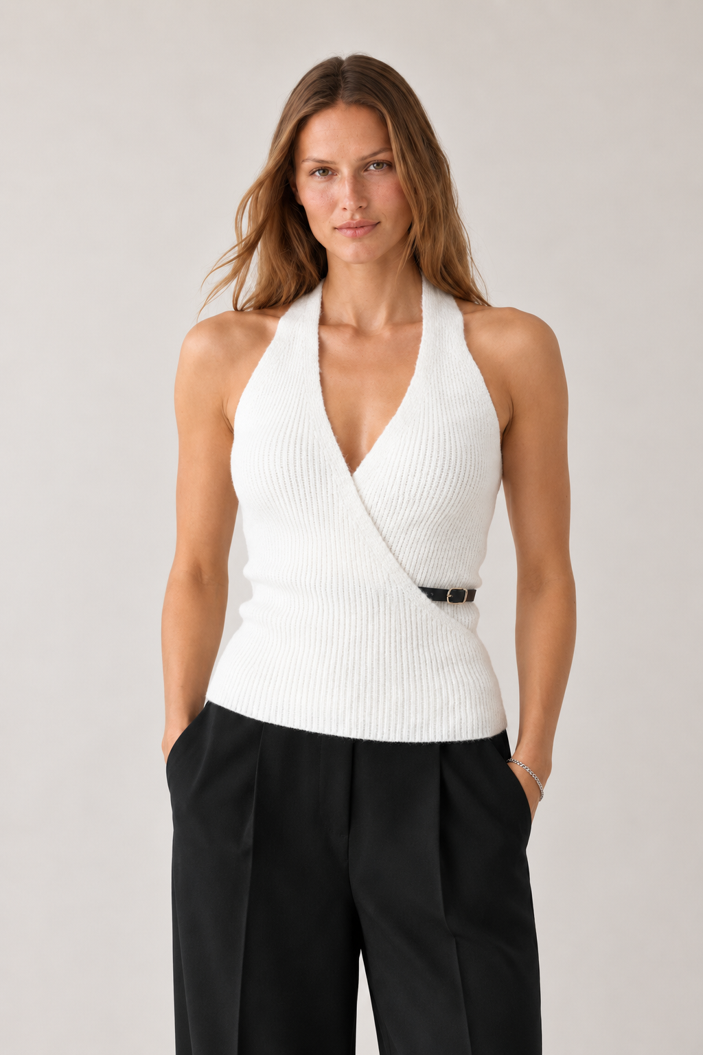 Kruvaze Halter Yaka Vizon Kemerli Top Bluz