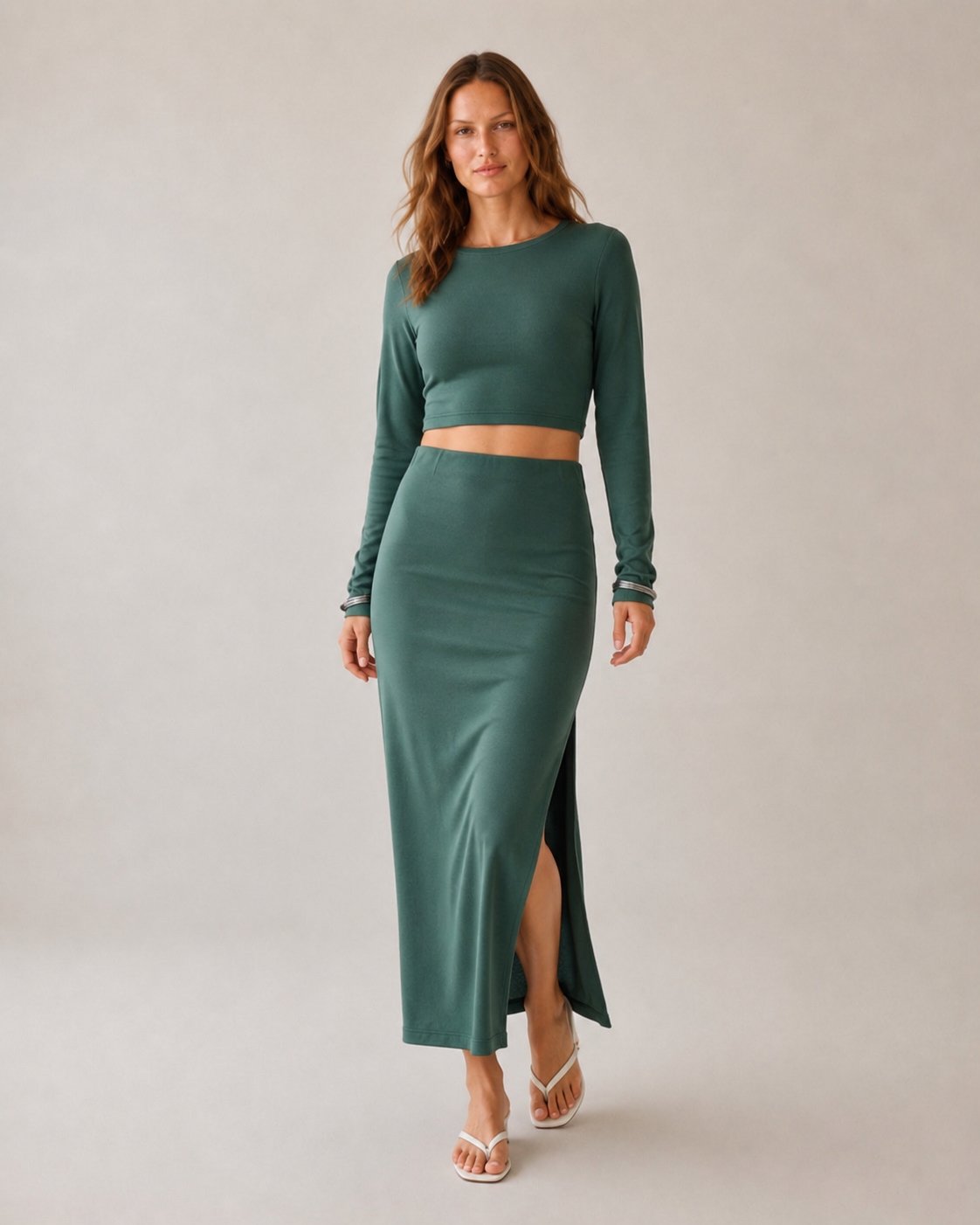 Neft Yeşil Crop Bluz Yırtmaçlı Etek Takım