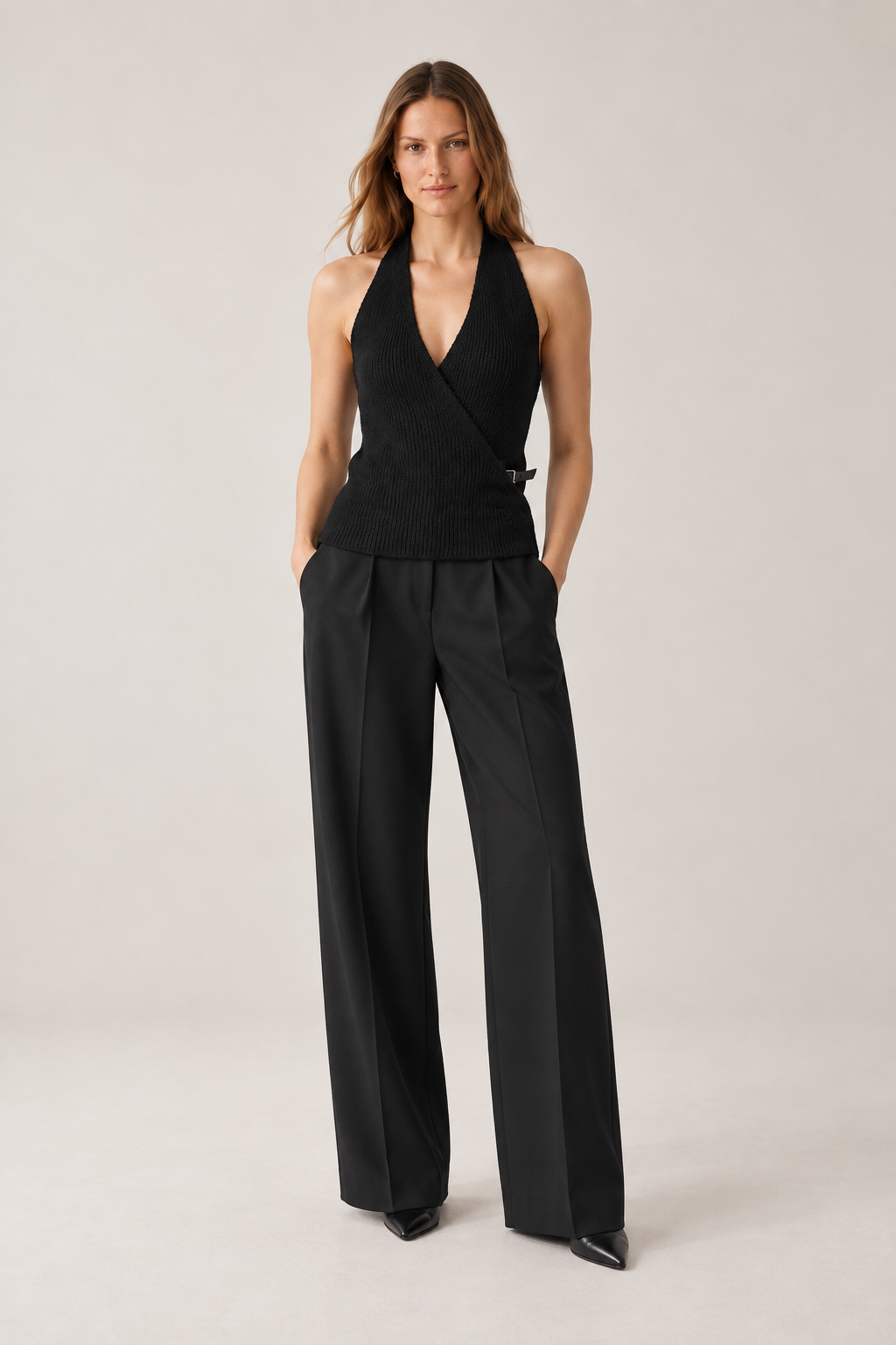 Kruvaze Halter Yaka Vizon Kemerli Top Bluz