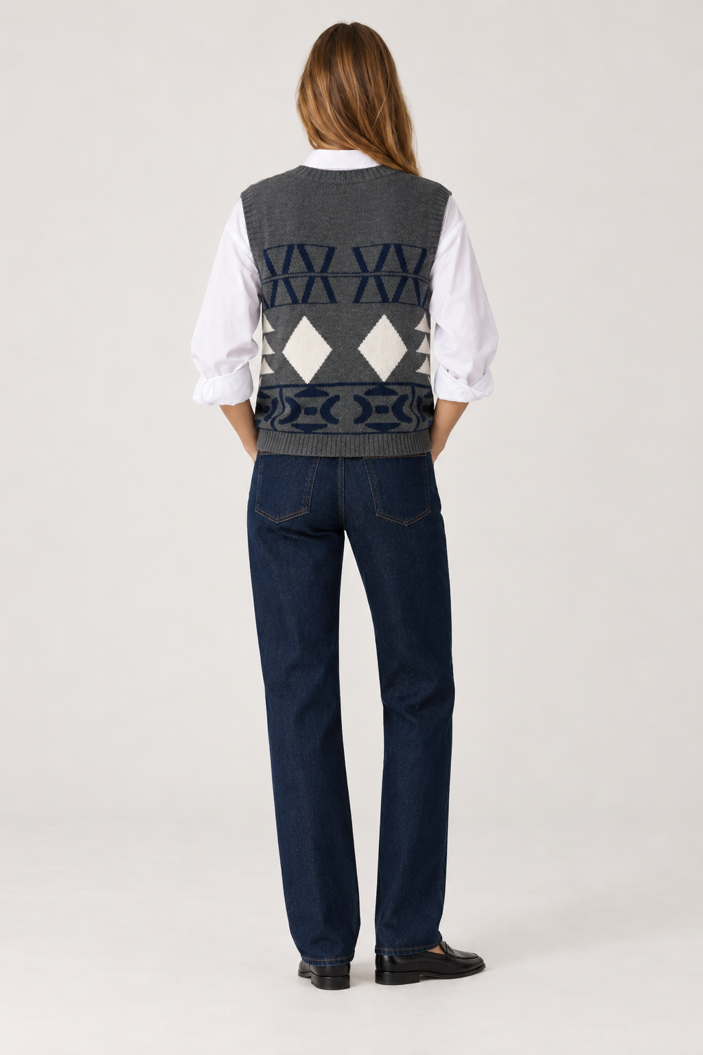 Bisiklet Yaka Etnik Desen Oversize Yelek