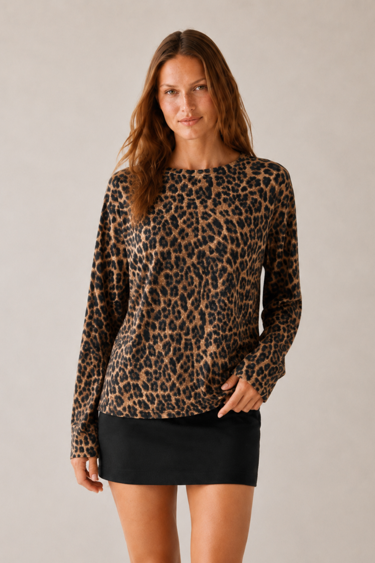 Kadın Kahve Bisiklet Yaka Leopar Desenli Oversize Bluz