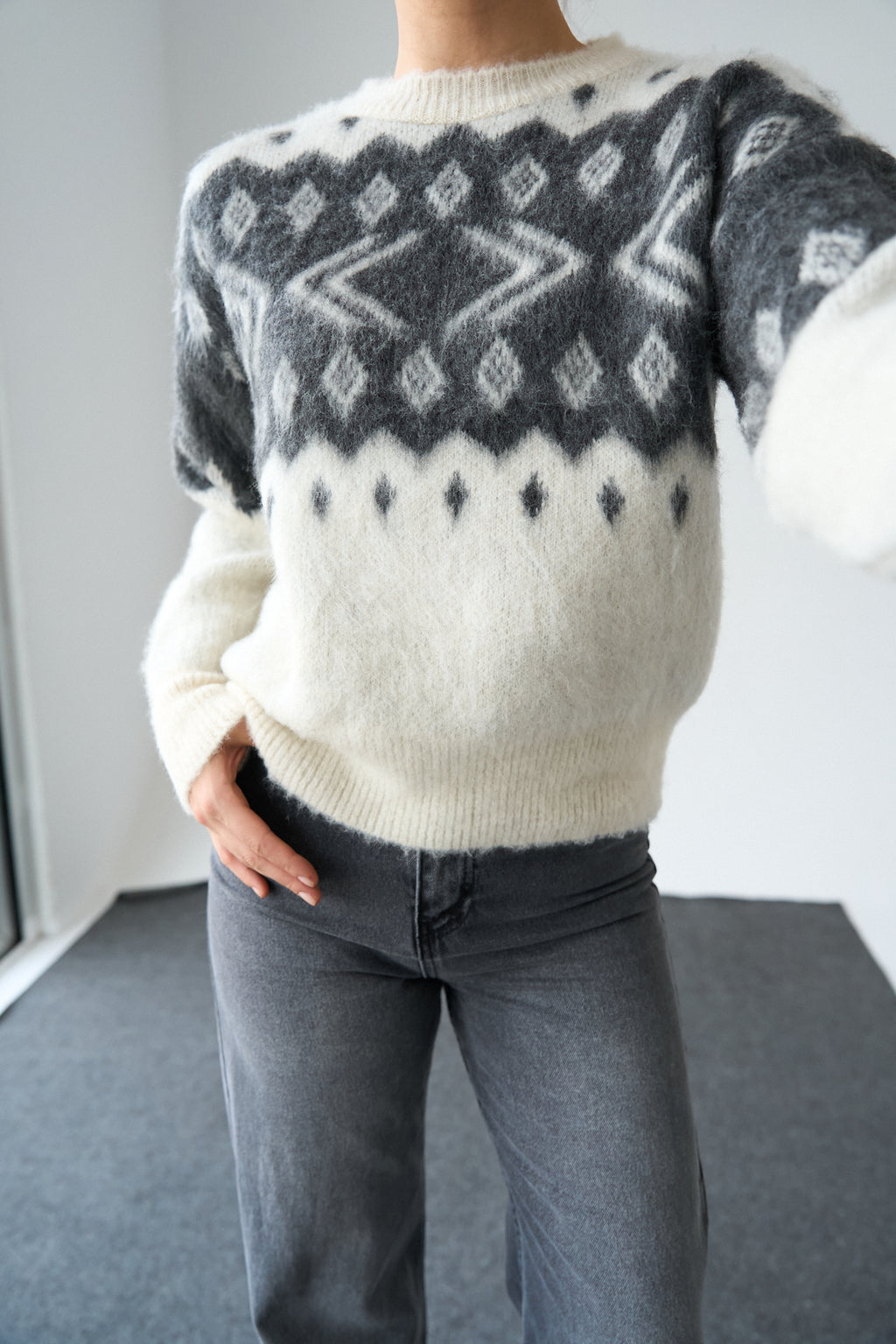 Kadın Bisiklet Yaka Desenli Şardonlu Triko Kazak