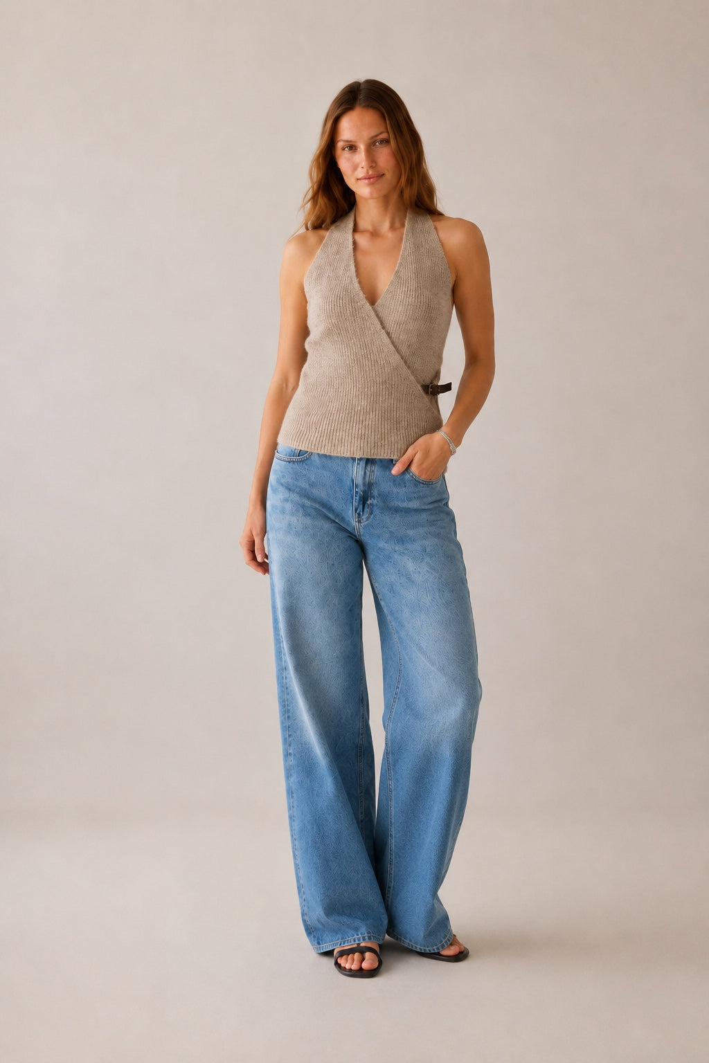 Kruvaze Halter Yaka Vizon Kemerli Top Bluz