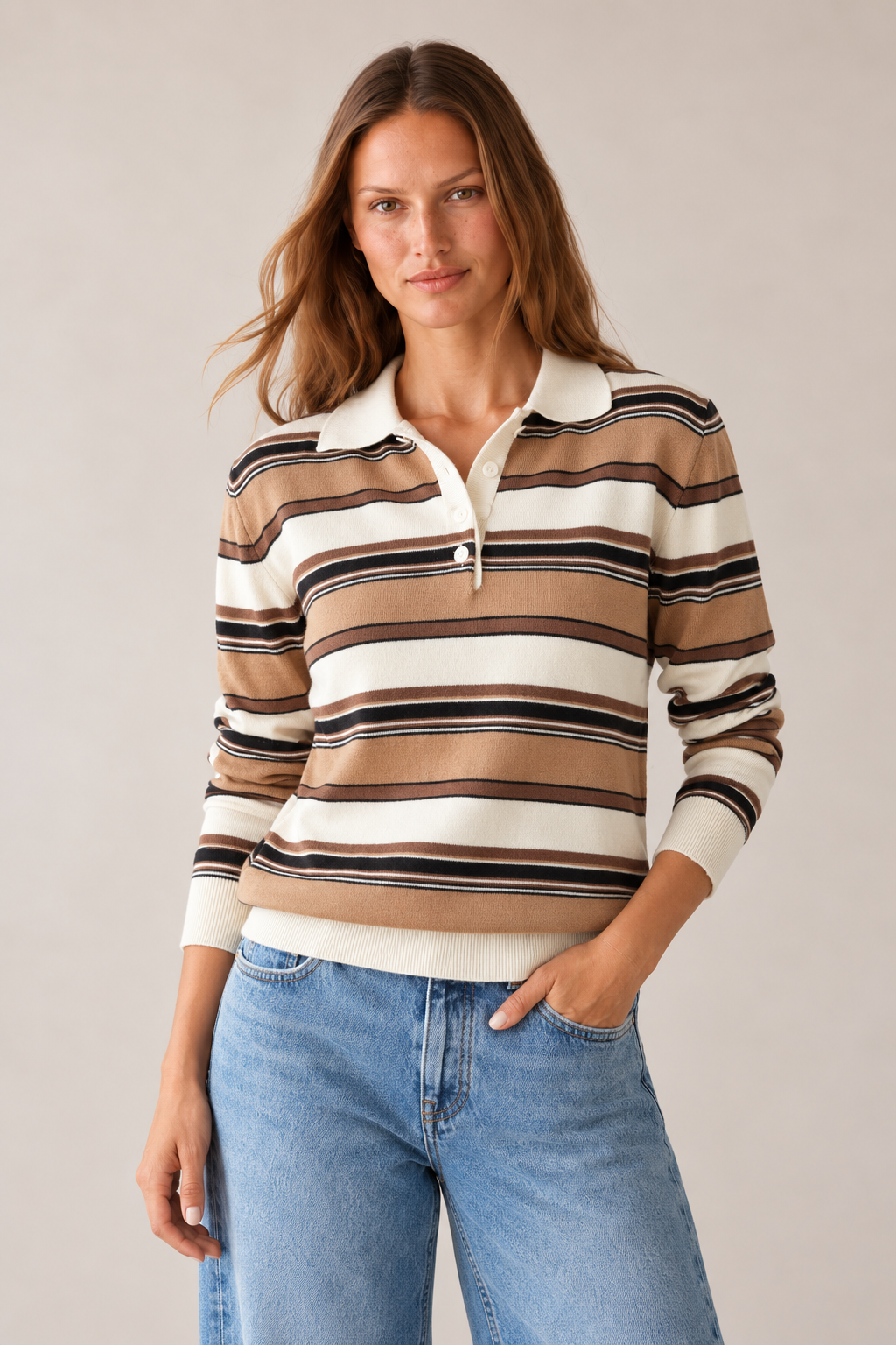 Kadın Camel Polo Yaka Düğmeli Oversize Kazak