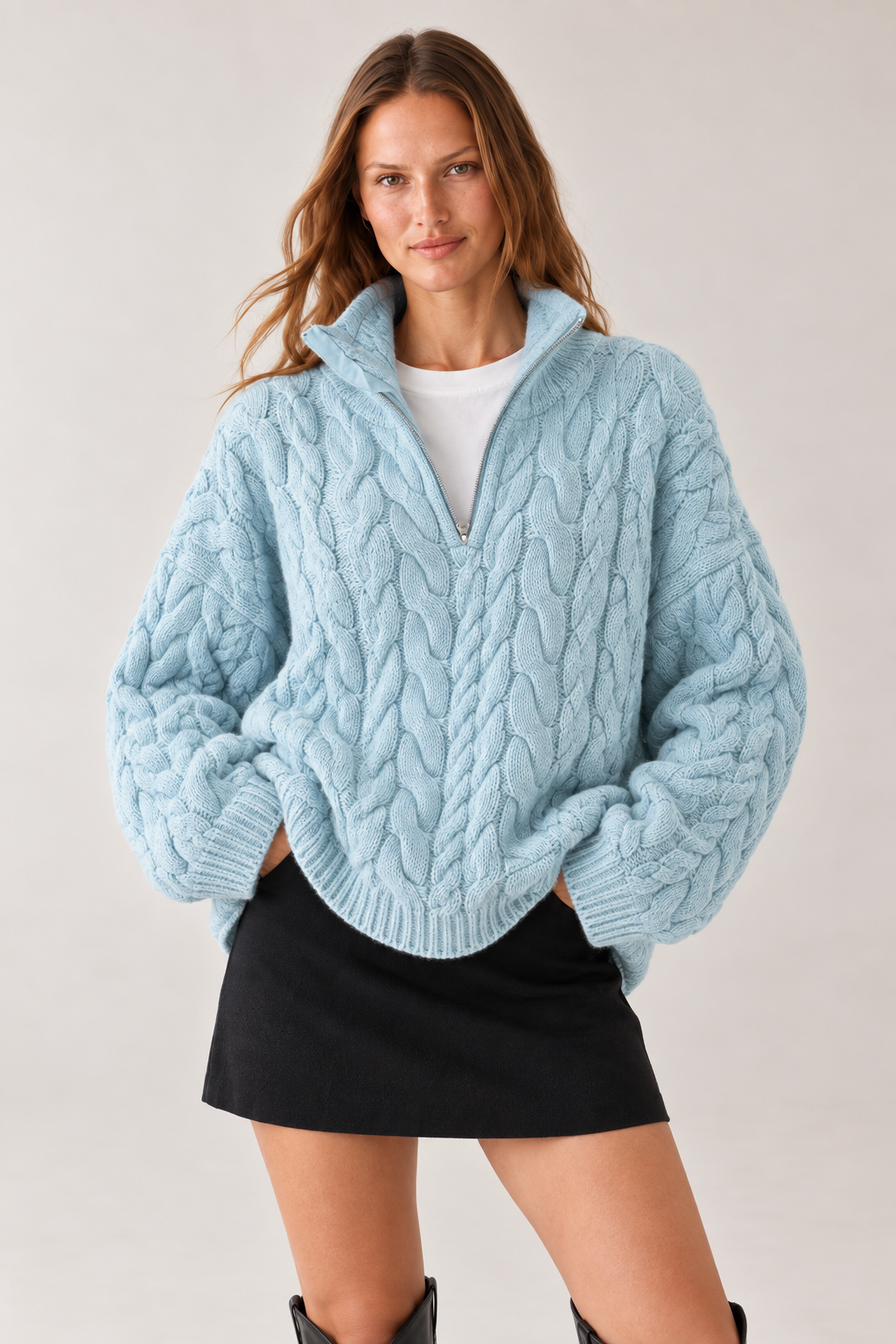 Yakası Fermuarlı Örgü Desen Oversize Kazak