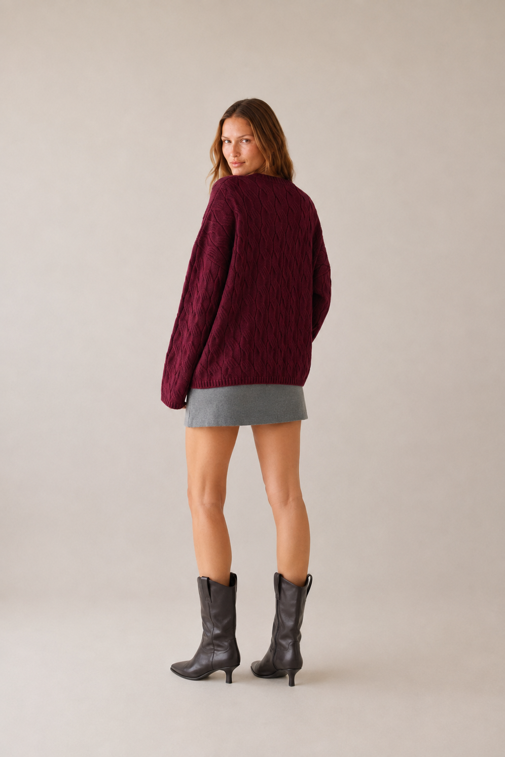 Bordo V Yaka Örgü Desenli Premium Doku Oversize Kazak