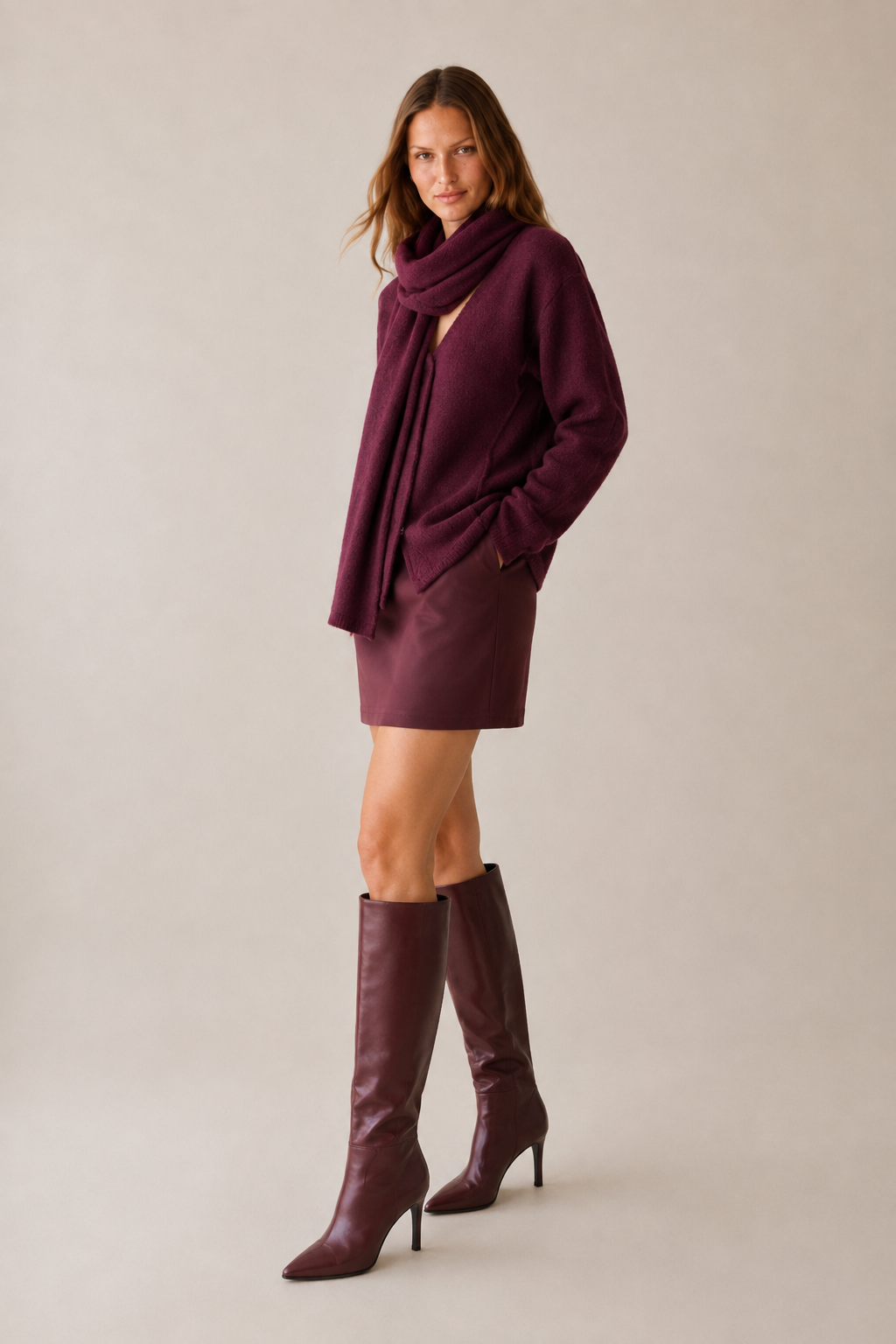 Bordo V Yaka Şal Detaylı Oversize Hırka