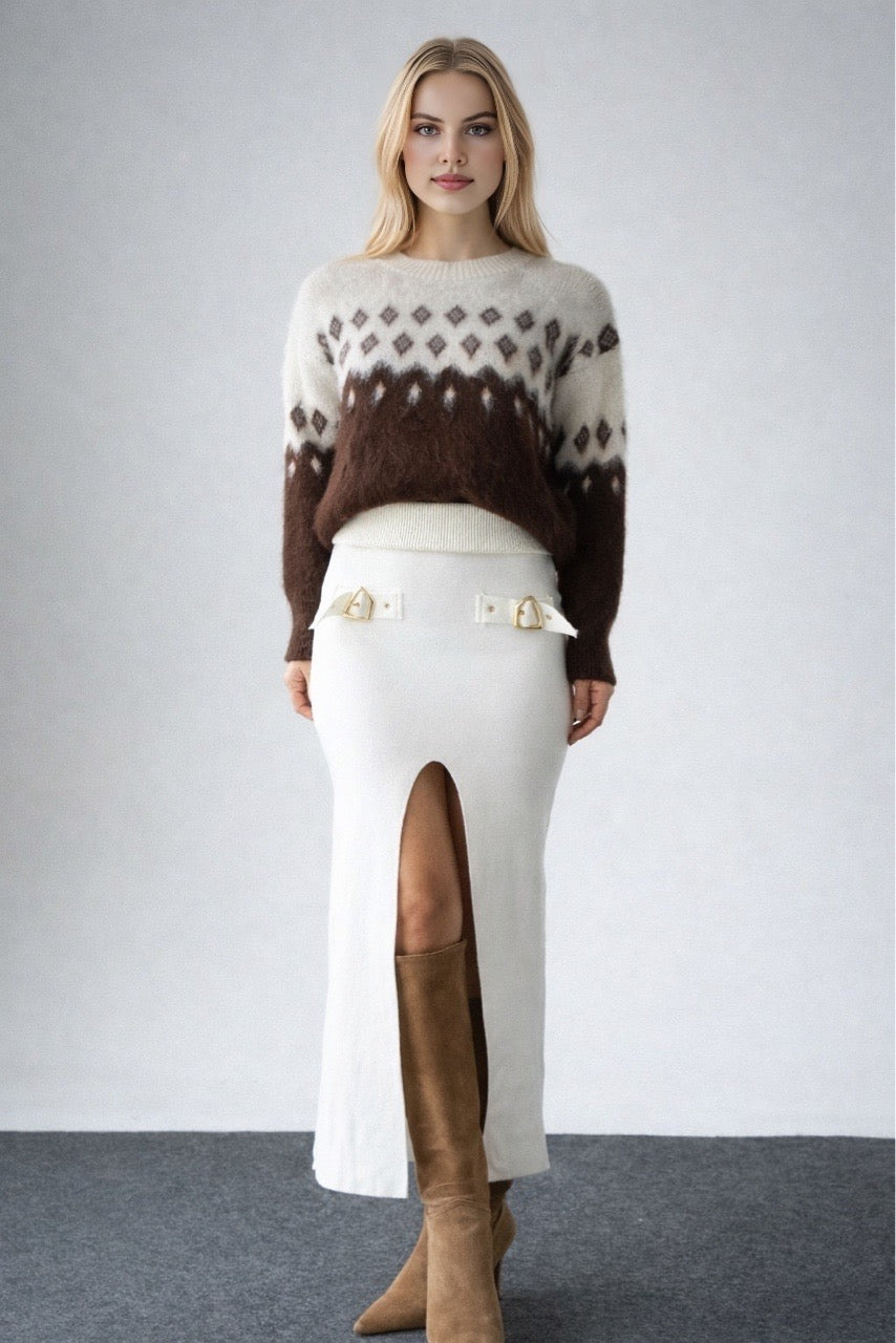 Kadın Aksesuar Detaylı Yırtmaçlı Triko Etek