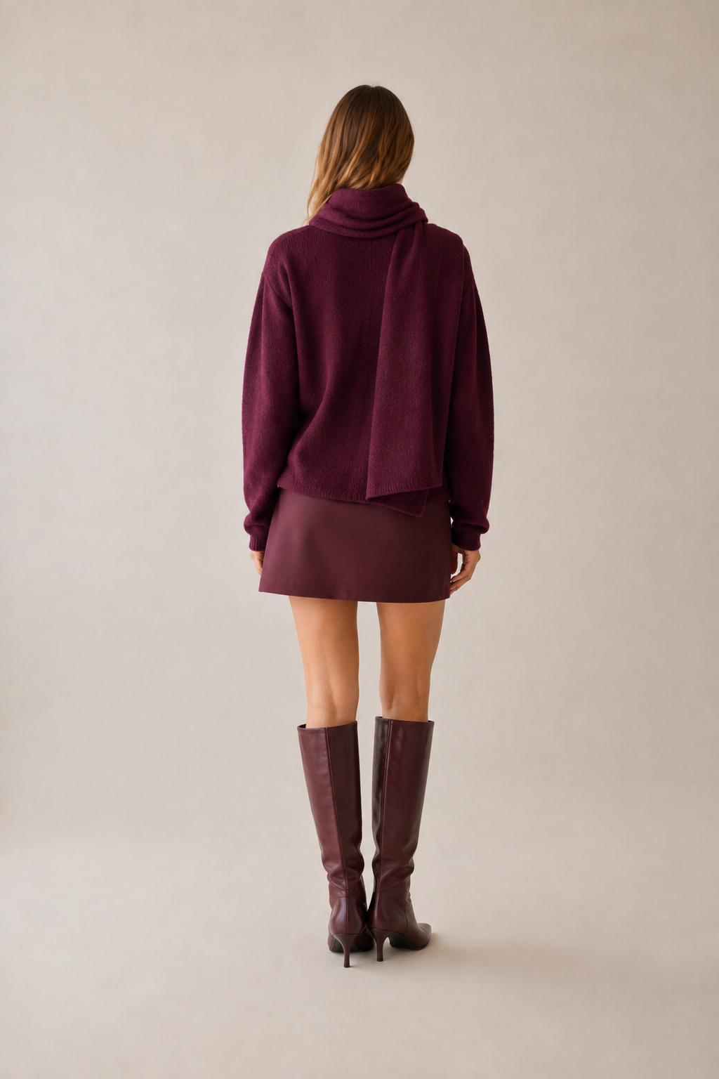 Bordo V Yaka Şal Detaylı Oversize Hırka