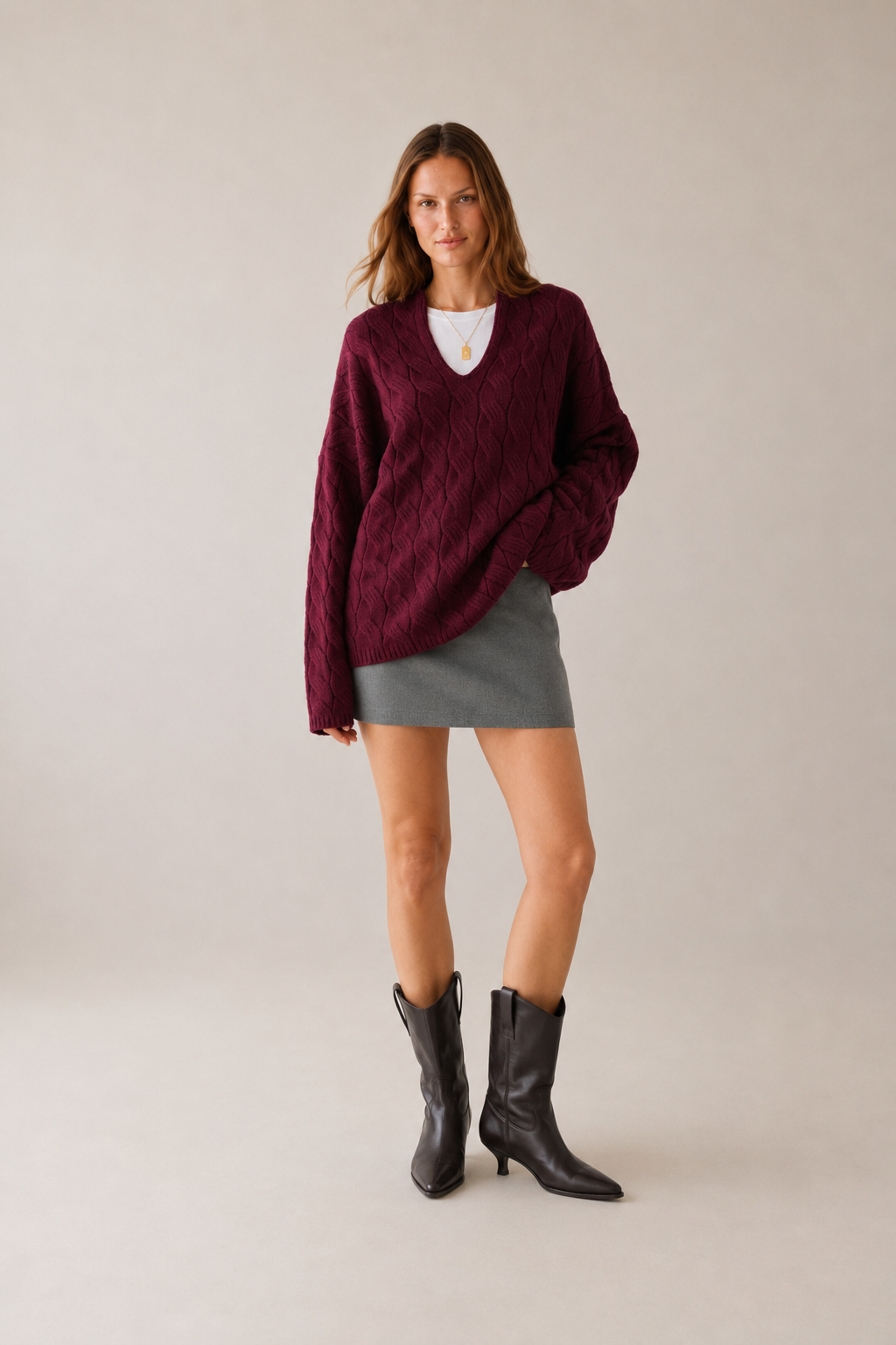 Bordo V Yaka Örgü Desenli Premium Doku Oversize Kazak