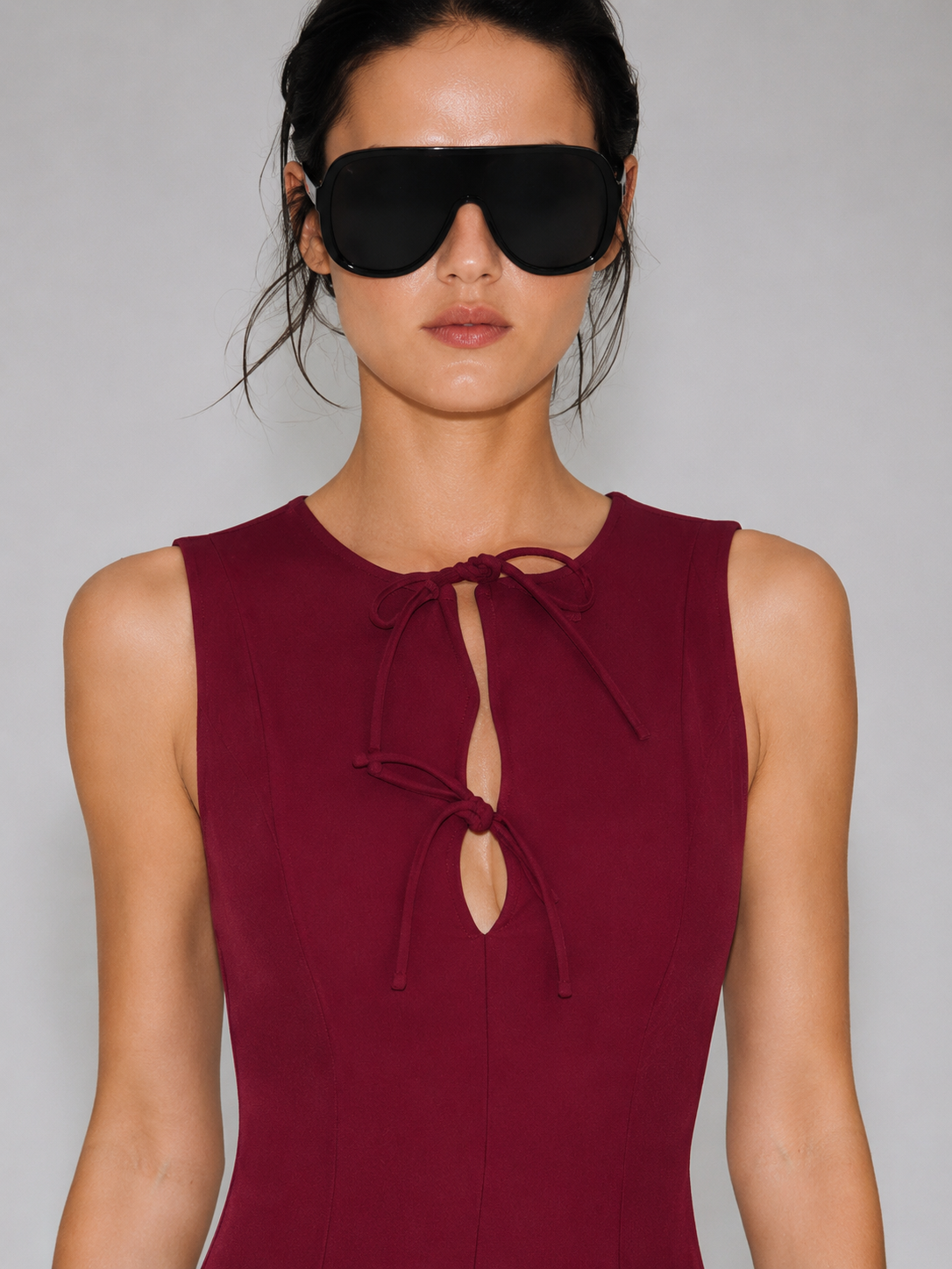 Kadın Bordo Fiyonk Yaka Detaylı Kloş Mini Elbise