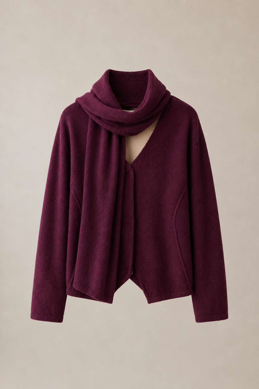Bordo V Yaka Şal Detaylı Oversize Hırka