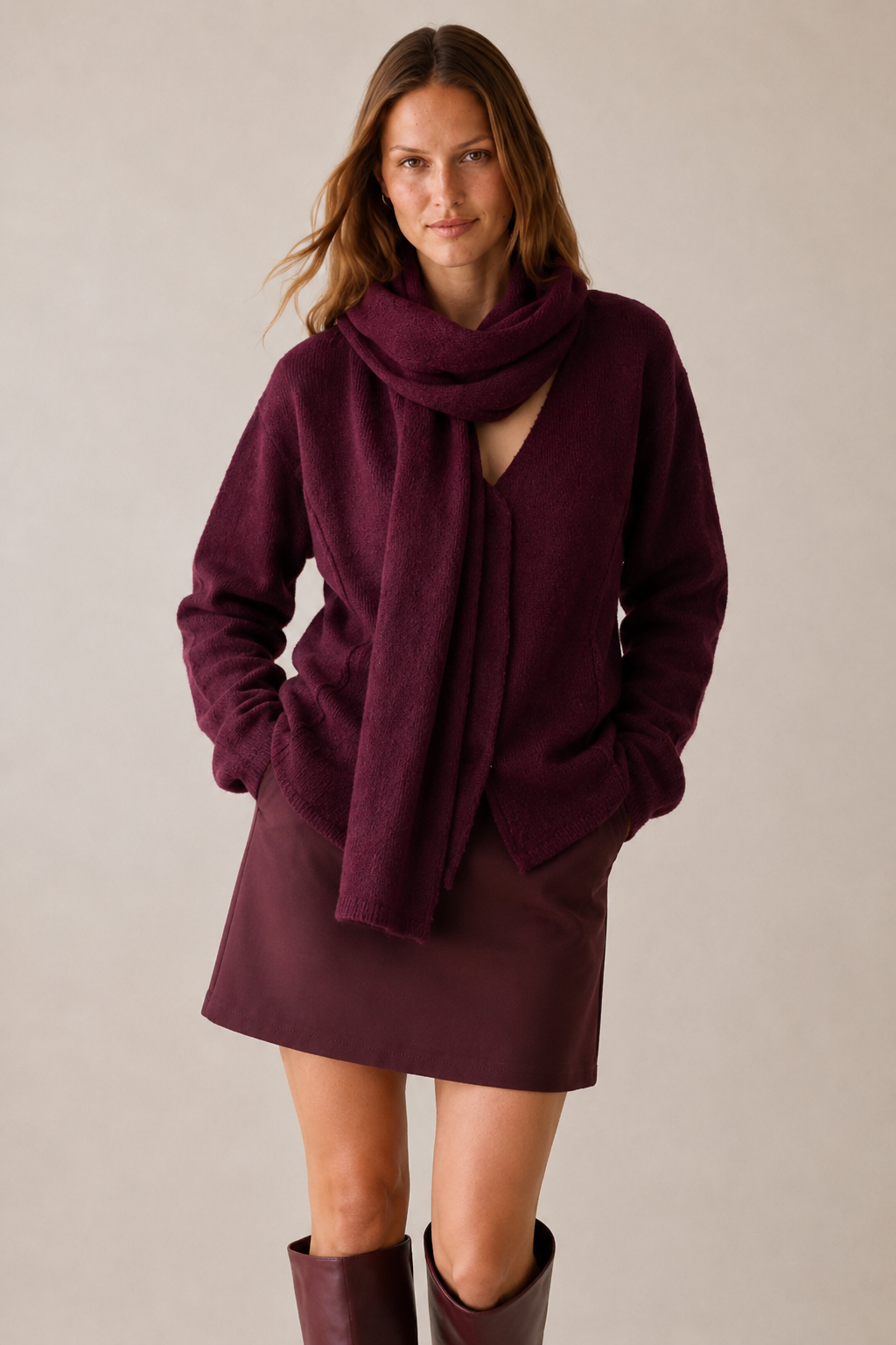 Bordo V Yaka Şal Detaylı Oversize Hırka
