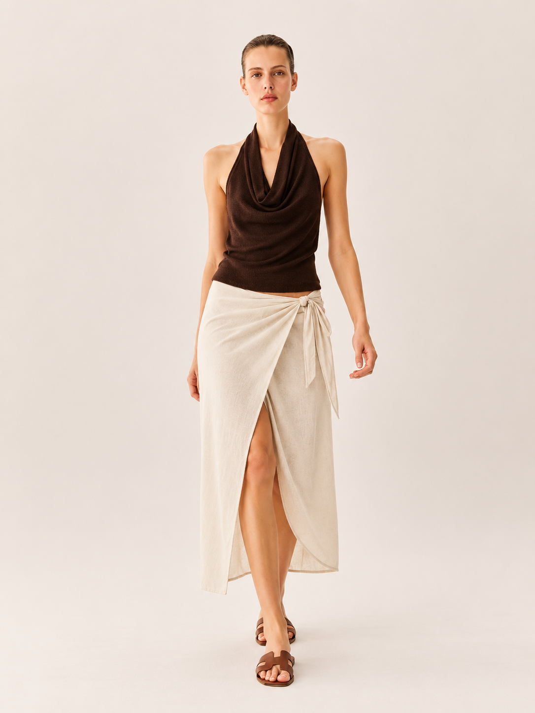 Naturel Keten Karışımlı Yandan Bağlamalı Sarong Etek