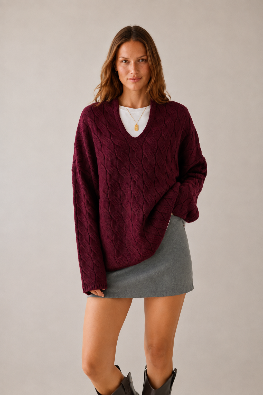 Bordo V Yaka Örgü Desenli Premium Doku Oversize Kazak