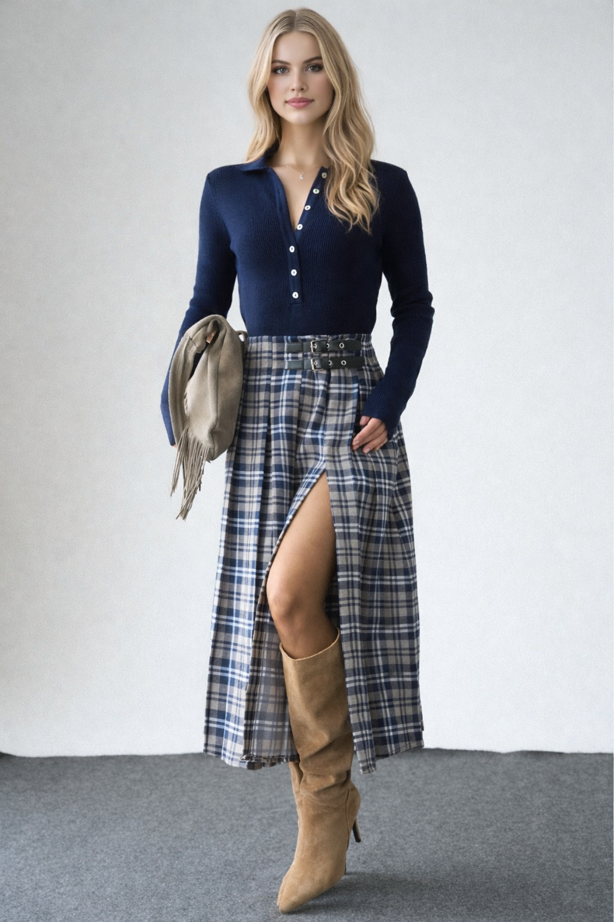 Kadın Lacivert Ekose Desenli Kemer Detaylı Yırtmaçlı Etek