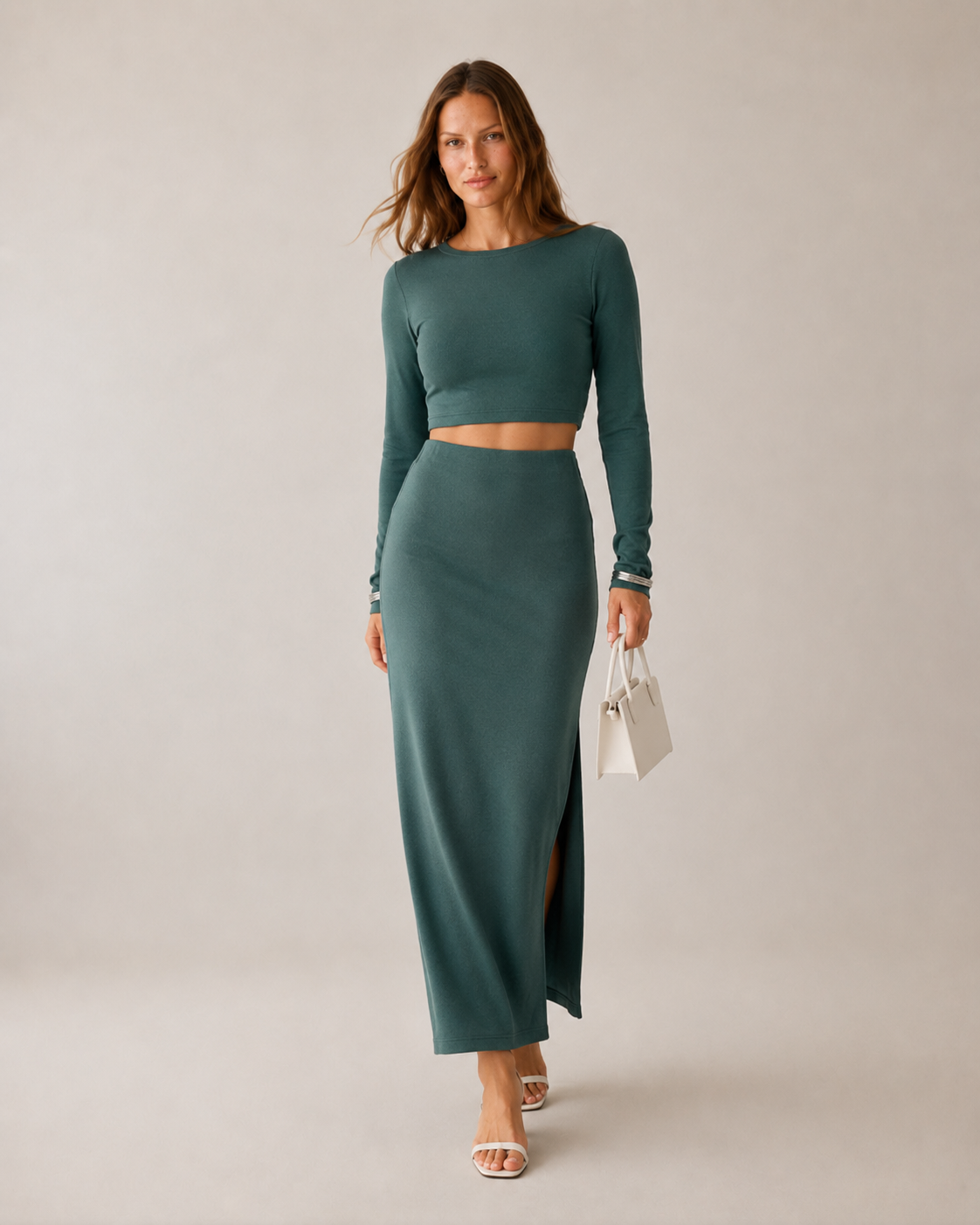 Neft Yeşil Crop Bluz Yırtmaçlı Etek Takım