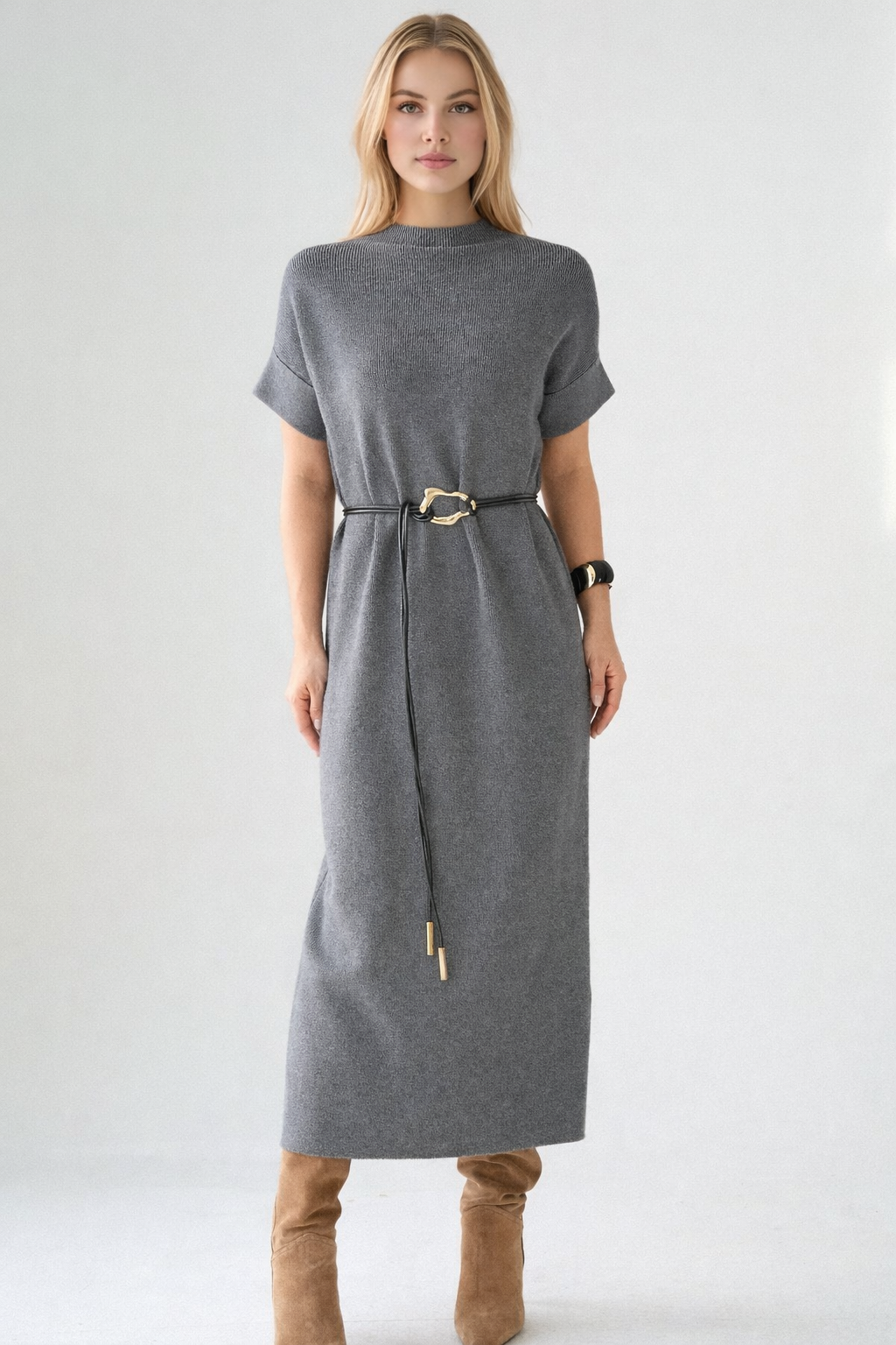 Kadın Yarım Balıkçı Yaka Kemerli Elbise