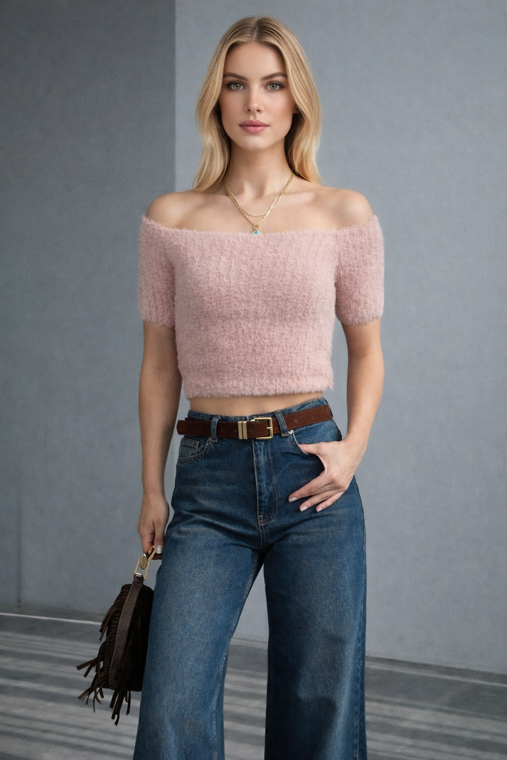 Kadın Omuzları Açık Yumuşak Dokulu Crop