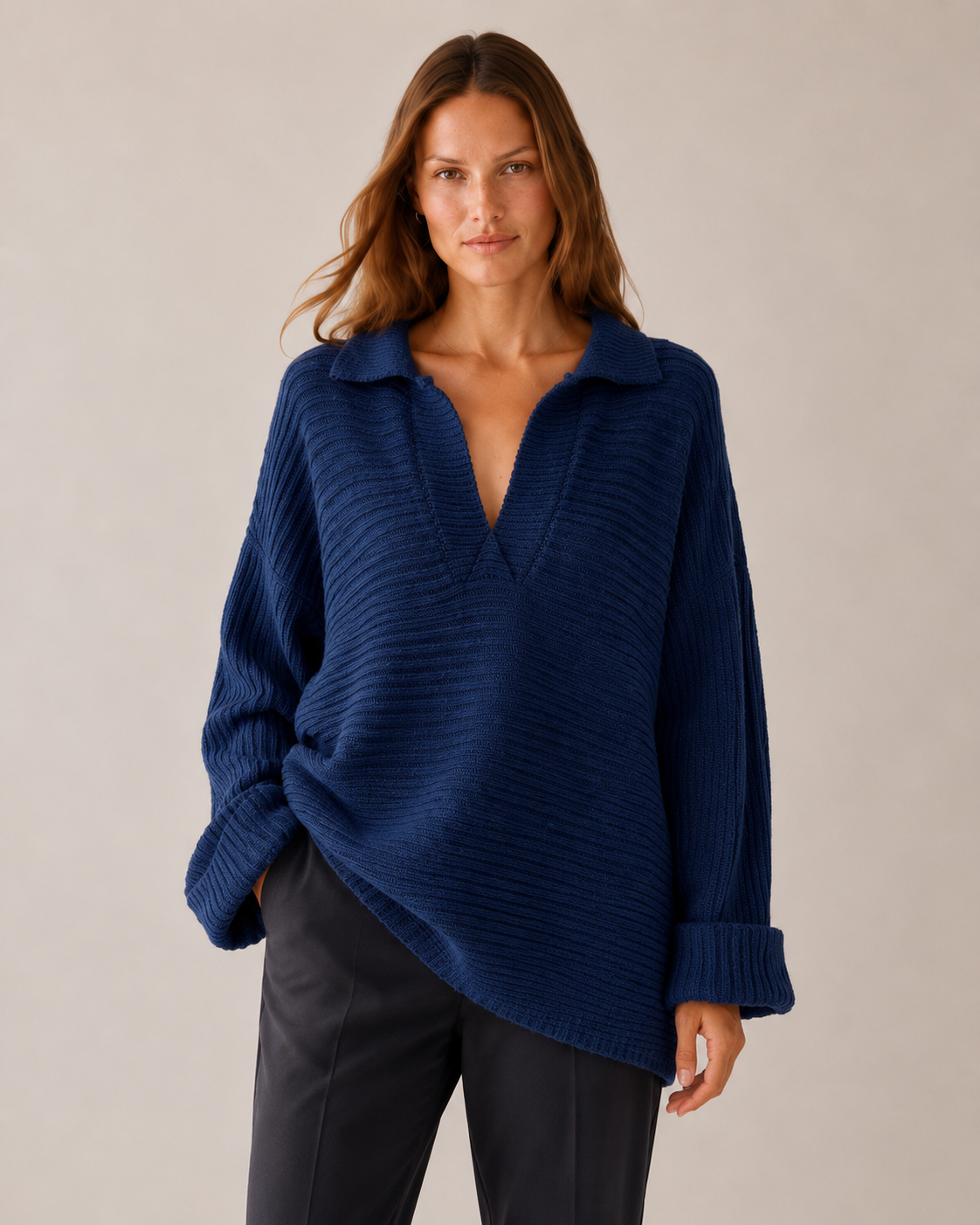 Polo Yaka Kol Detaylı Oversize Kazak