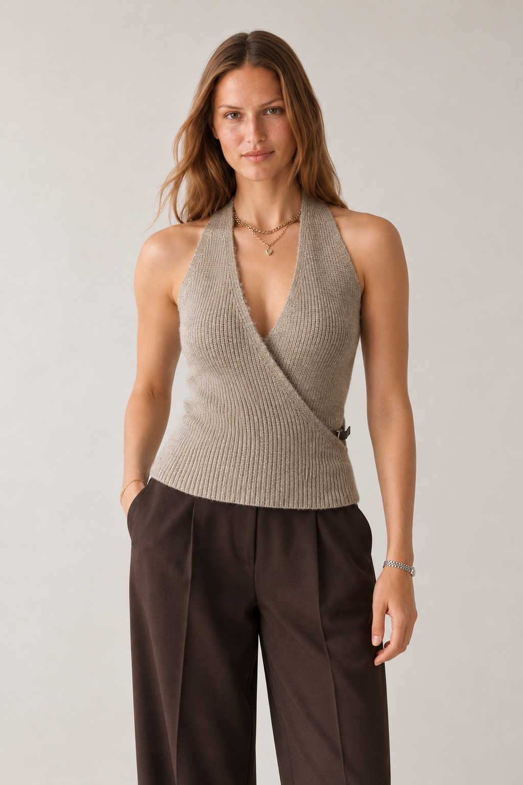 Kruvaze Halter Yaka Vizon Kemerli Top Bluz