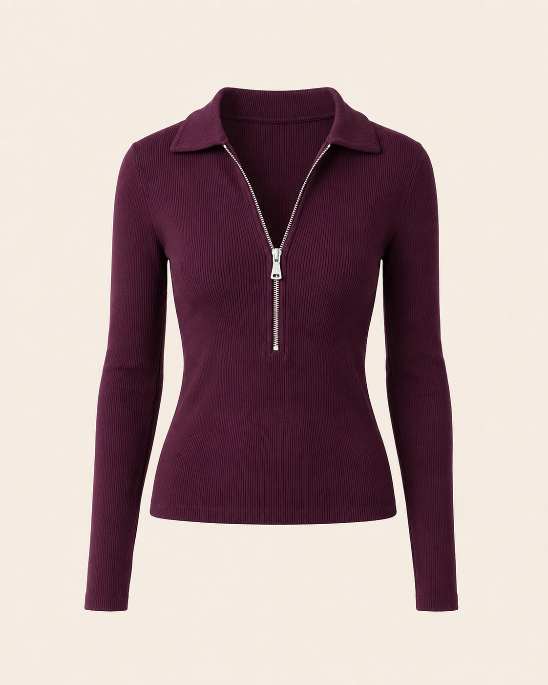 Bordo Polo Yaka Fermuarlı Bluz