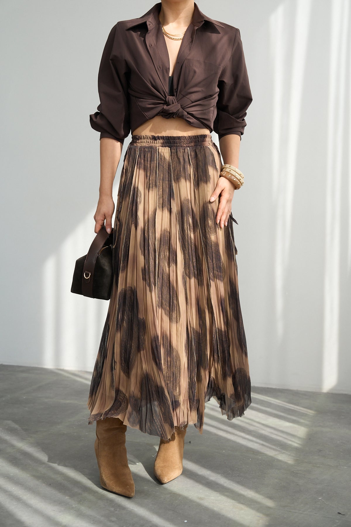 Kadın Kahve Paisley Şal Desenli Asimetrik Kesim Etek