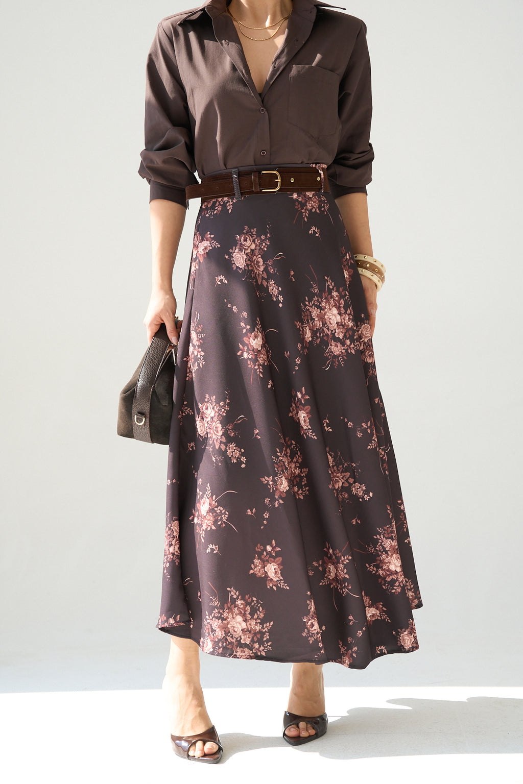 Kadın Kahve Çiçek Desenli Uzun Kloş Etek