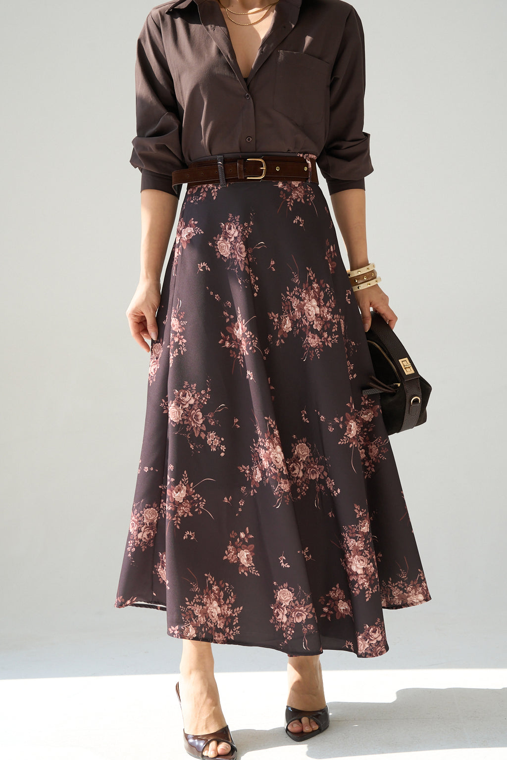 Kadın Kahve Çiçek Desenli Uzun Kloş Etek