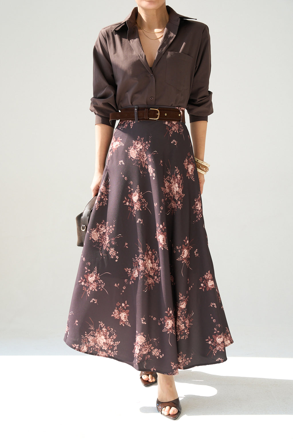Kadın Kahve Çiçek Desenli Uzun Kloş Etek