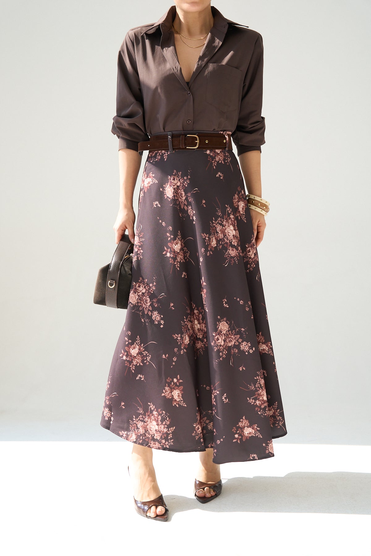 Kadın Kahve Çiçek Desenli Uzun Kloş Etek